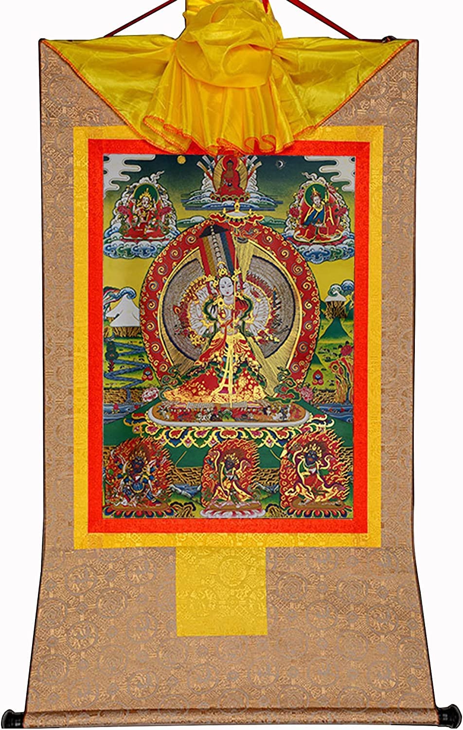 Buddhistischer Thangka-Wandbehang, buddhistisches Thangka-Gemälde, tibetische Thangka-Malkunst, buddhistischer Thangka-Brokat, Buddha-Wandteppich mit Schriftrolle (Farbe: Rot, Größe: Klein (35 cm x 27