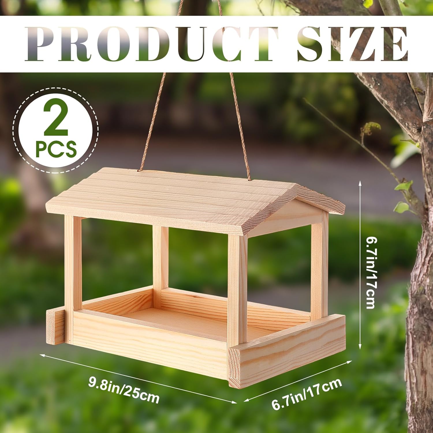 2 Pcs Wooden Bird Feeder for Outdoor Hanging, Platform Bird House, Rustic Garden Yard Decorations for Wild Birds, Cardinals, Finches, Bluebirds, Include Sloped Roof and Sturdy Rope