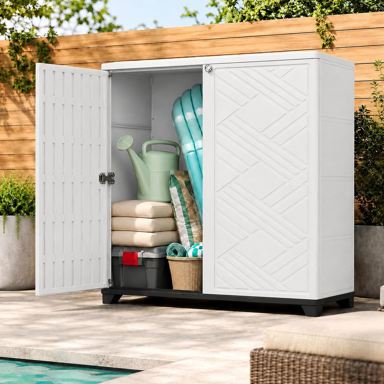ADDOK Outdoor Storage Cabinet, 60 Gallon Waterproof Resin Patio Storage Cabinet with Double Doors, Weather-Resistant Organizer for Garden Tools/Home/Toys/Porch