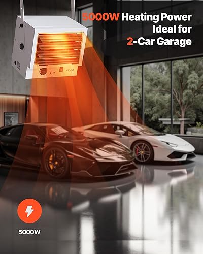 Miniatura 2 de VEVOR Calentador eléctrico de garaje, calentador de taller de 5000 vatios montado en la pared/techo para 2 coches, protección contra