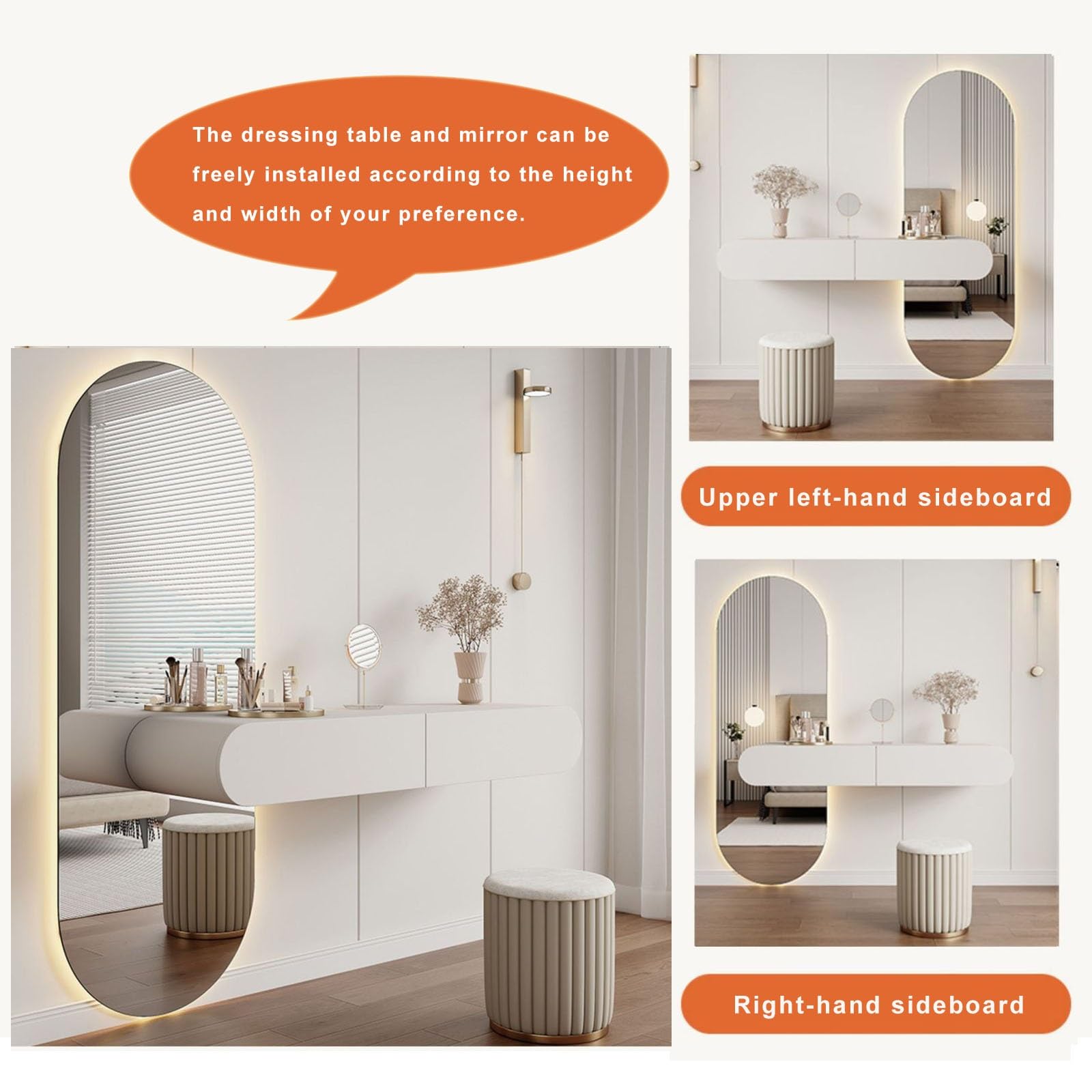 Tavolo da trucco illuminato a LED con specchio a corpo totale, tavolo da toeletta da parete per camera da letto e bagno, 2 cassetti, design elegante, 95 cm, per gli amanti del trucco