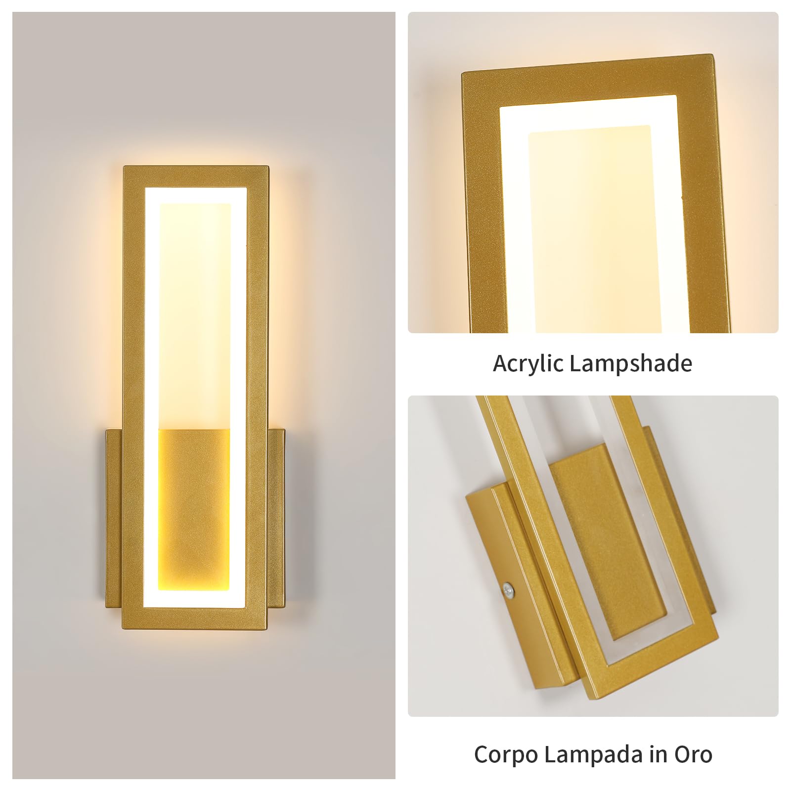 Osairous Applique LED da Parete Interno, 16W 2000LM Lampada da Parete Moderno in Acrilico, Lampada a Muro Oro Corridoio Luce Calda 3000K per Soggiorno, Camera da Letto, Studio, Balcone, 32CM