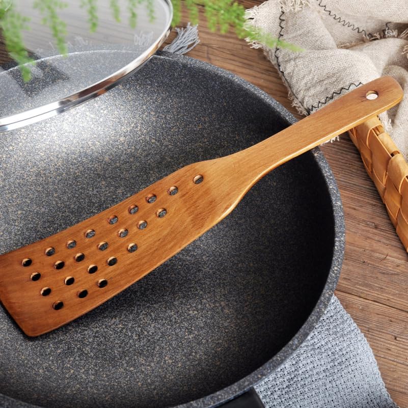 Miniatura 8 de Juego de 2 espátulas Wok de madera, utensilios de cocina de diseño de 24 agujeros para cocinar antiadherentes, girador de madera ecológico para