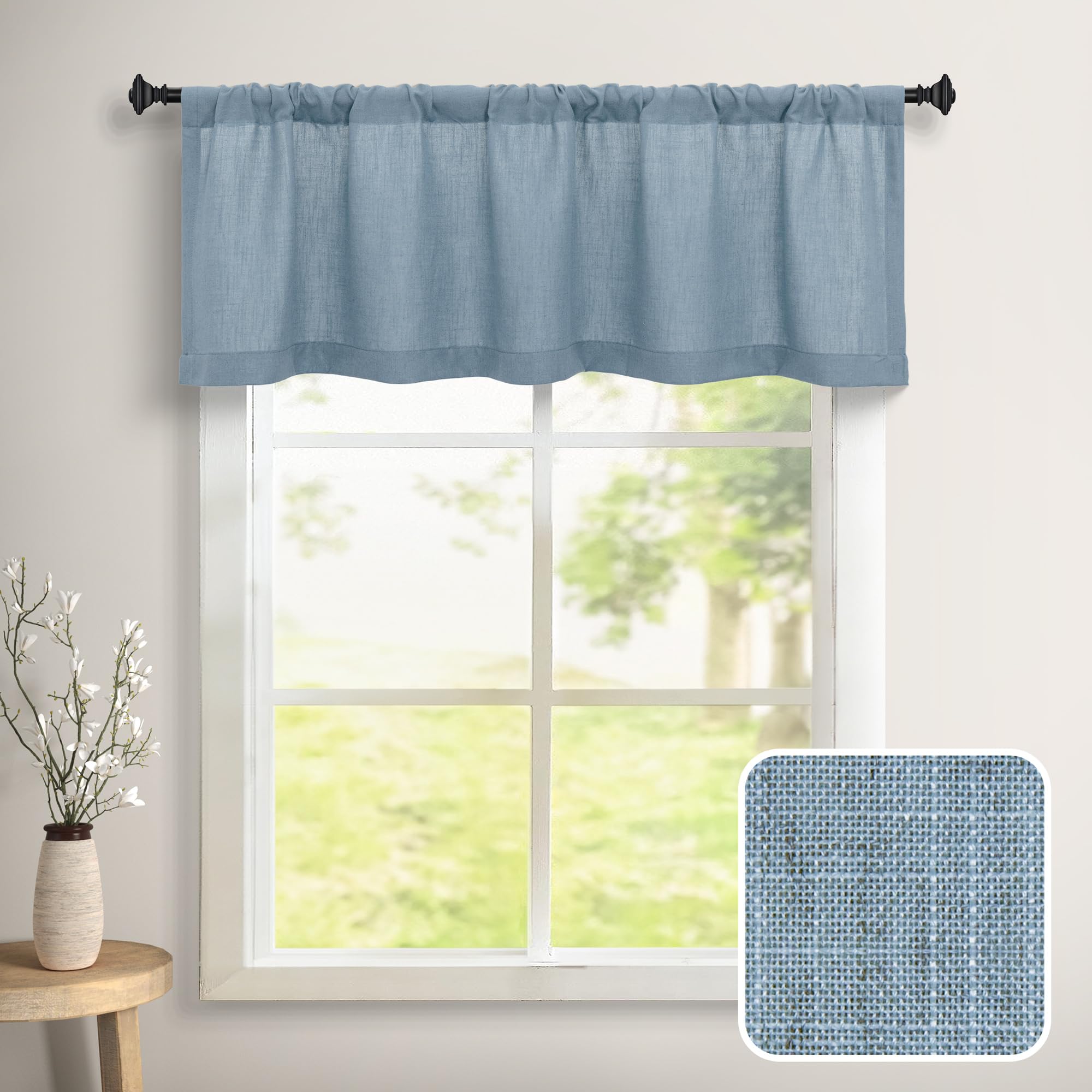 DANCURTON Stone Blue Sheer Valance for Window Kitchen 18 Inch Length Pocket Country Farmhouse Semi Privacy Linen Curtain for Boys Kids Bedroom Short