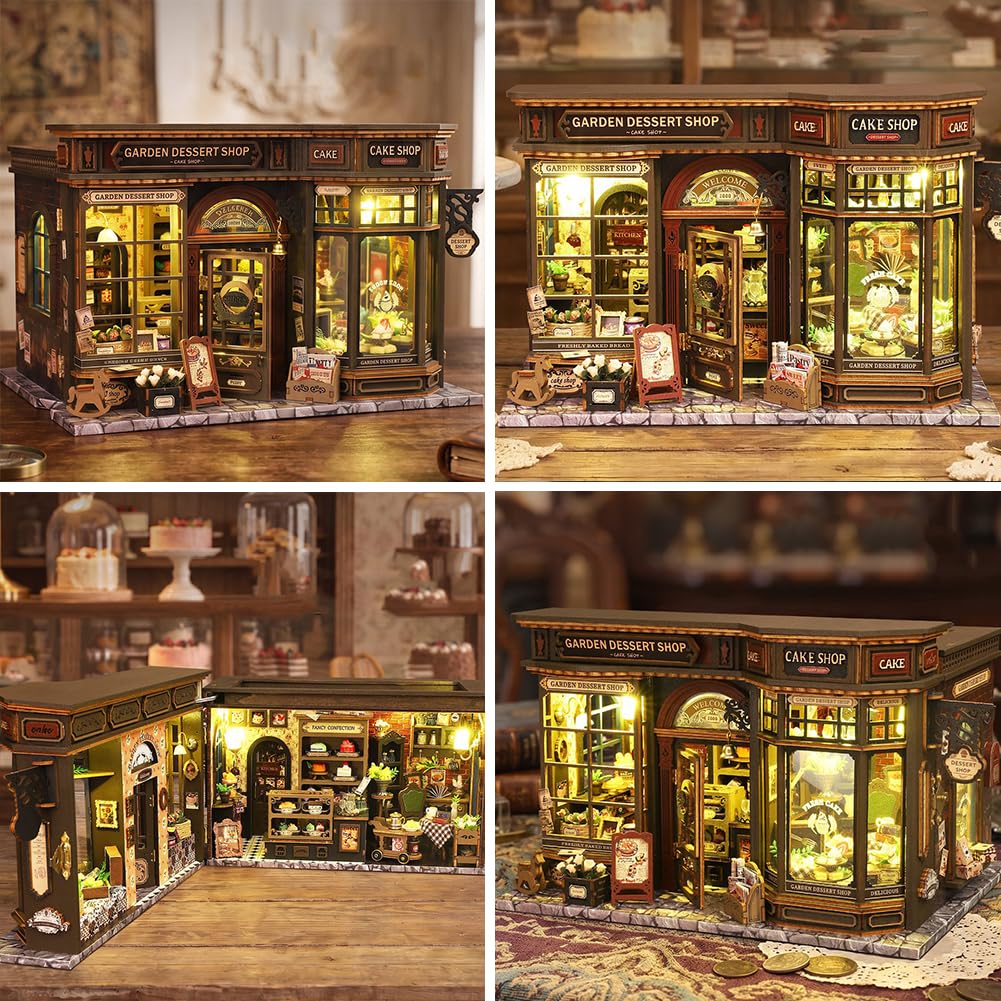 Kit puzzle 3D in legno, fai da te in miniatura casa delle bambole con luci a LED, decorazione da giardino per dessert, scaffale per libri, regalo creativo per adulti e ragazzi