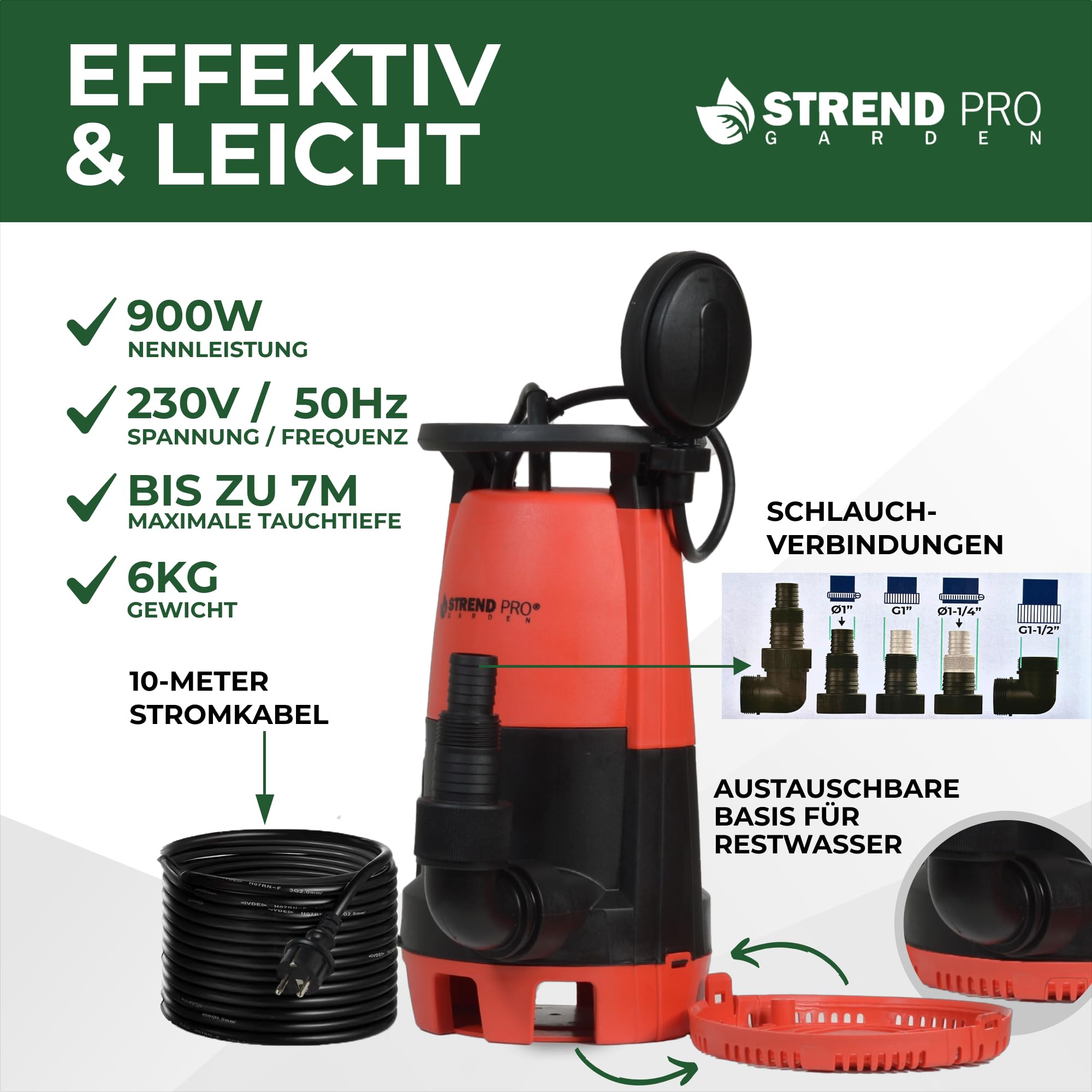 STREND PRO Tauchpumpe MC900E | FLACHSAUGEND ab 1mm | mit SCHWIMMERM | 900W, 18000 l/h | Wasserpumpe | KLARES UND TRÜBES WASSER aus Schwimmbädern, Stauseen, Brunnen, Schächten | Schmutzwasserpumpe