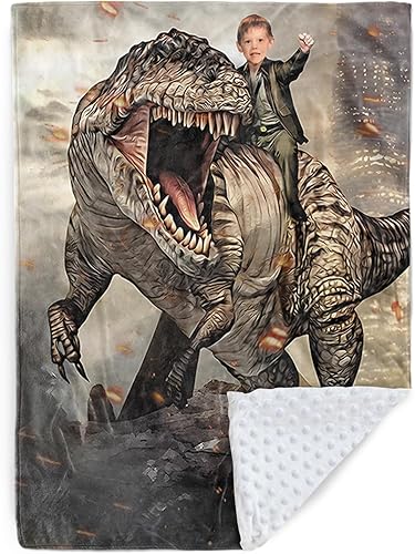 Manta de fotos personalizada, diseños de dinosaurios con imagen personalizable, manta de franela suave con respaldo punteado de doble capa para