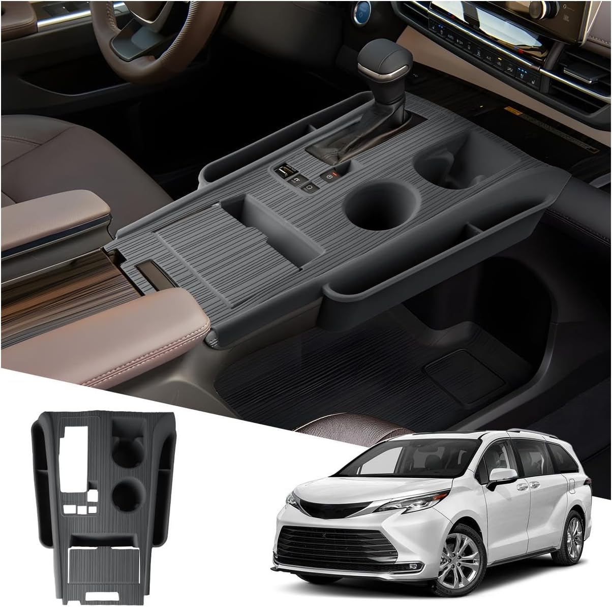 2026 Sienna Center Console Organizer - For 2021-2025 2026 Toyota Sienna Lower Console Silicone Organizer Tray With Two Cup Holders - 2021-2026 Sienna(LE/XLE/XSE/Limited/Woodland/Platinum) Accessories