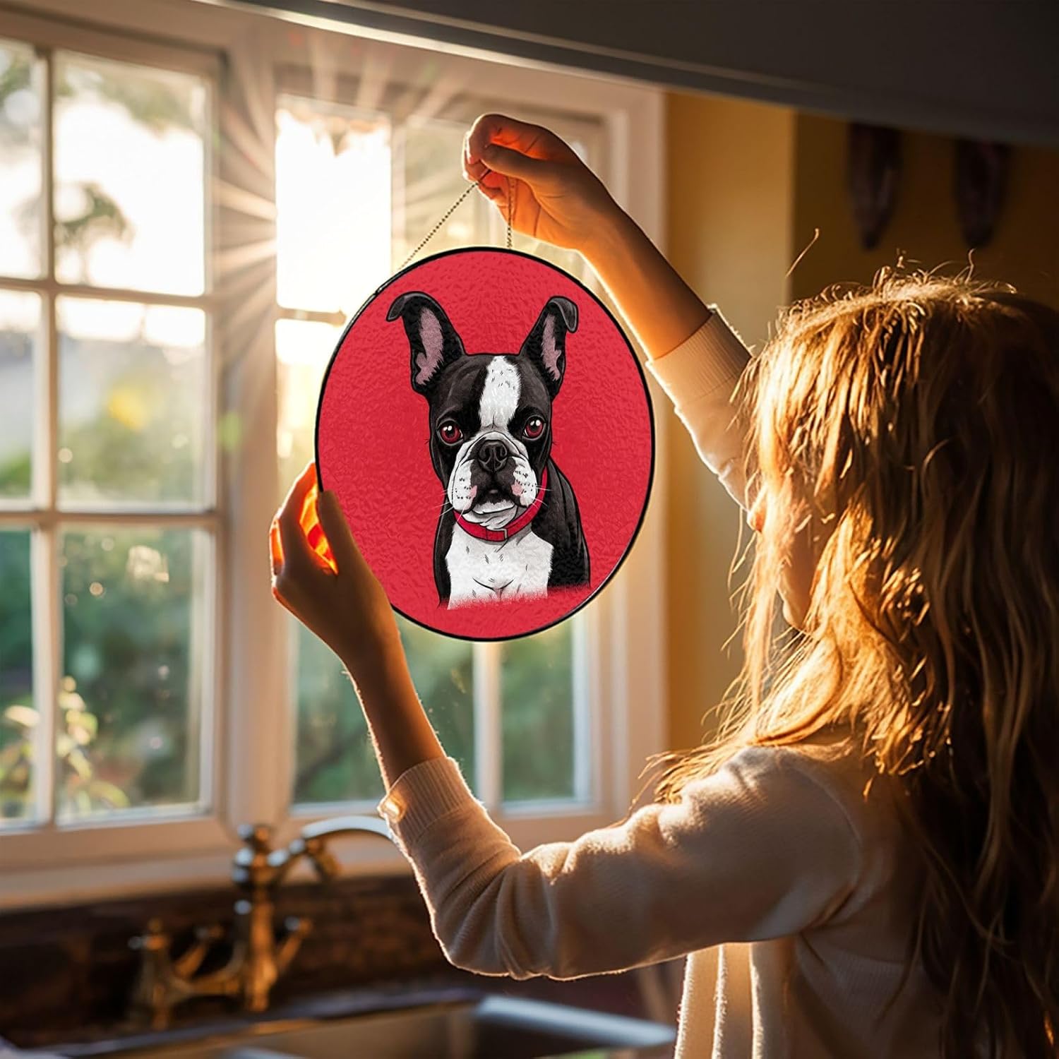 Boston Terrier Dog Red Stained Glass Suncatcher for Window Hanging Sun Catcher Ornament for Women Men Suncatcher for Home Decor, 4in（10cm） Round Glass Ornament for Mother's Day Birthday Gift