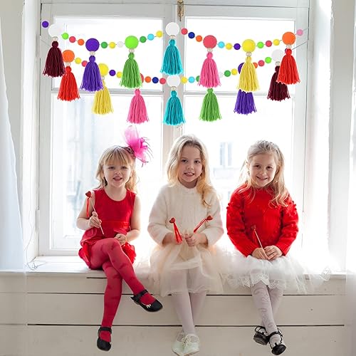 Miniatura 6 de Guirnalda de borlas con pompones de arco iris, pancarta de Navidad colorida para colgar en la pared, guirnalda de borlas bohemia para aula, hogar,