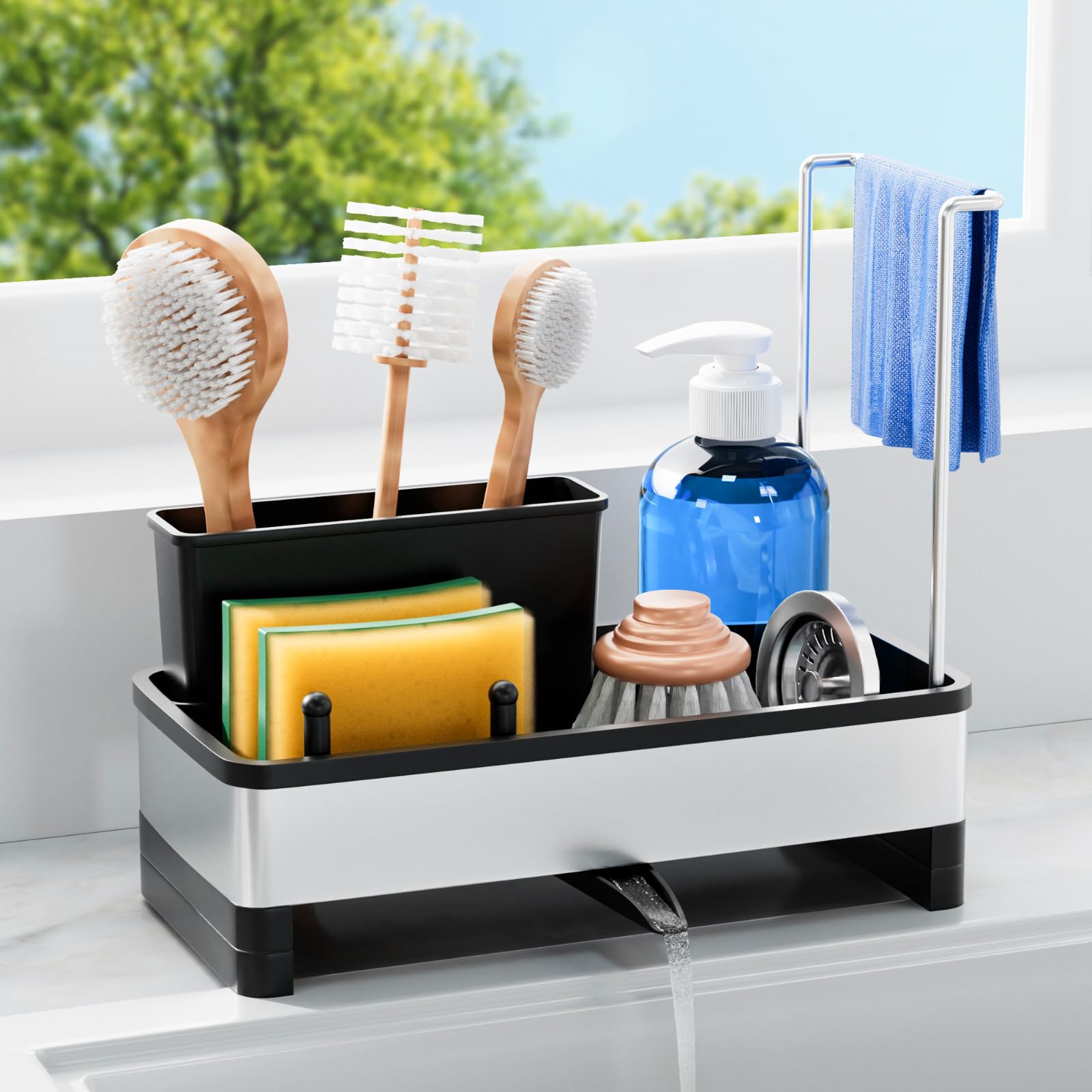 Sponge Holder for Kitchen Sink Rustproof Stainless Steel Sink Caddy with Auto-Drain Removable Brush Holders Soap and Dishcloth