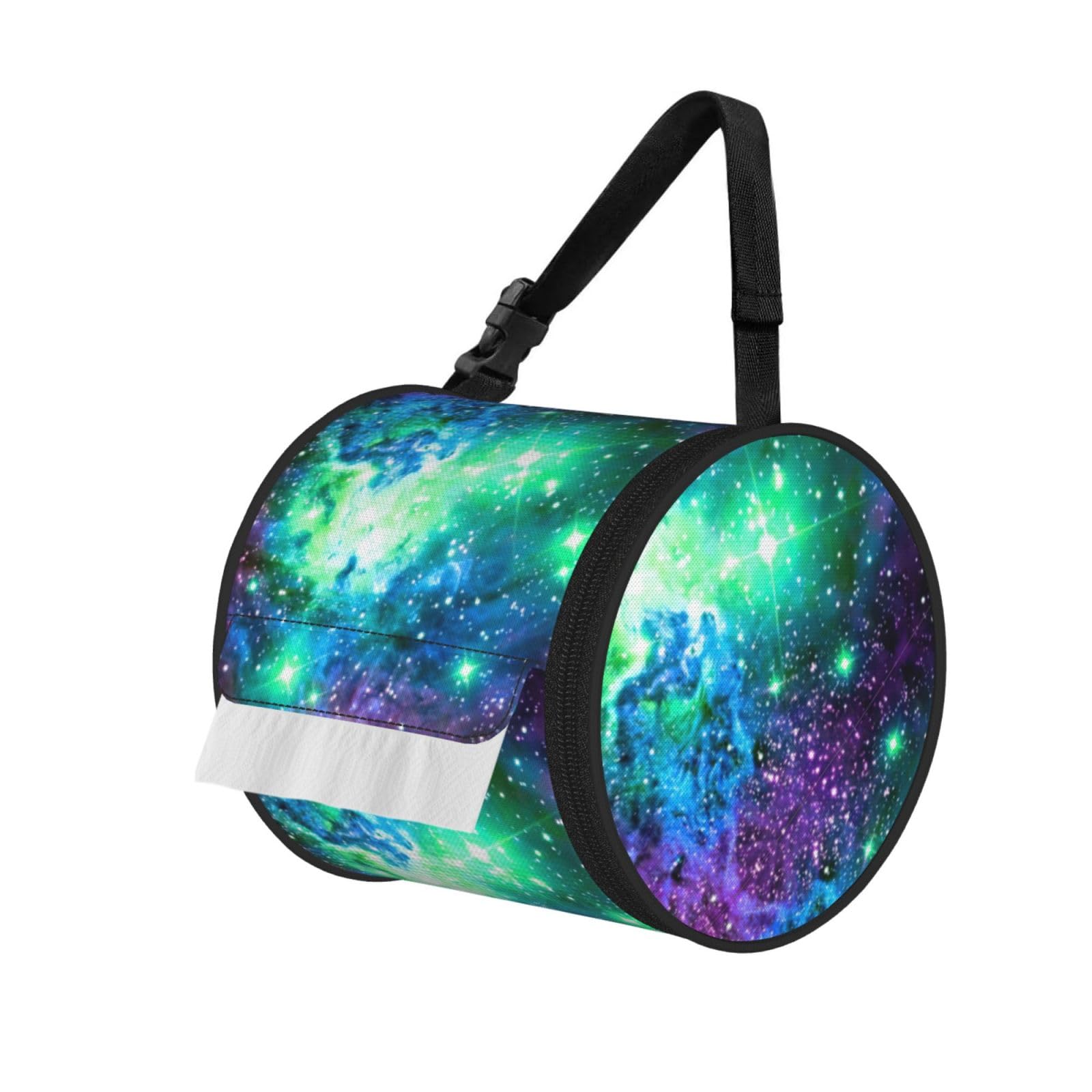 Green Blue Purple Galaxy Print Round Paper Tissue Holder With Shoulder Strap, Portable Roll Case For Caravan Travel Use