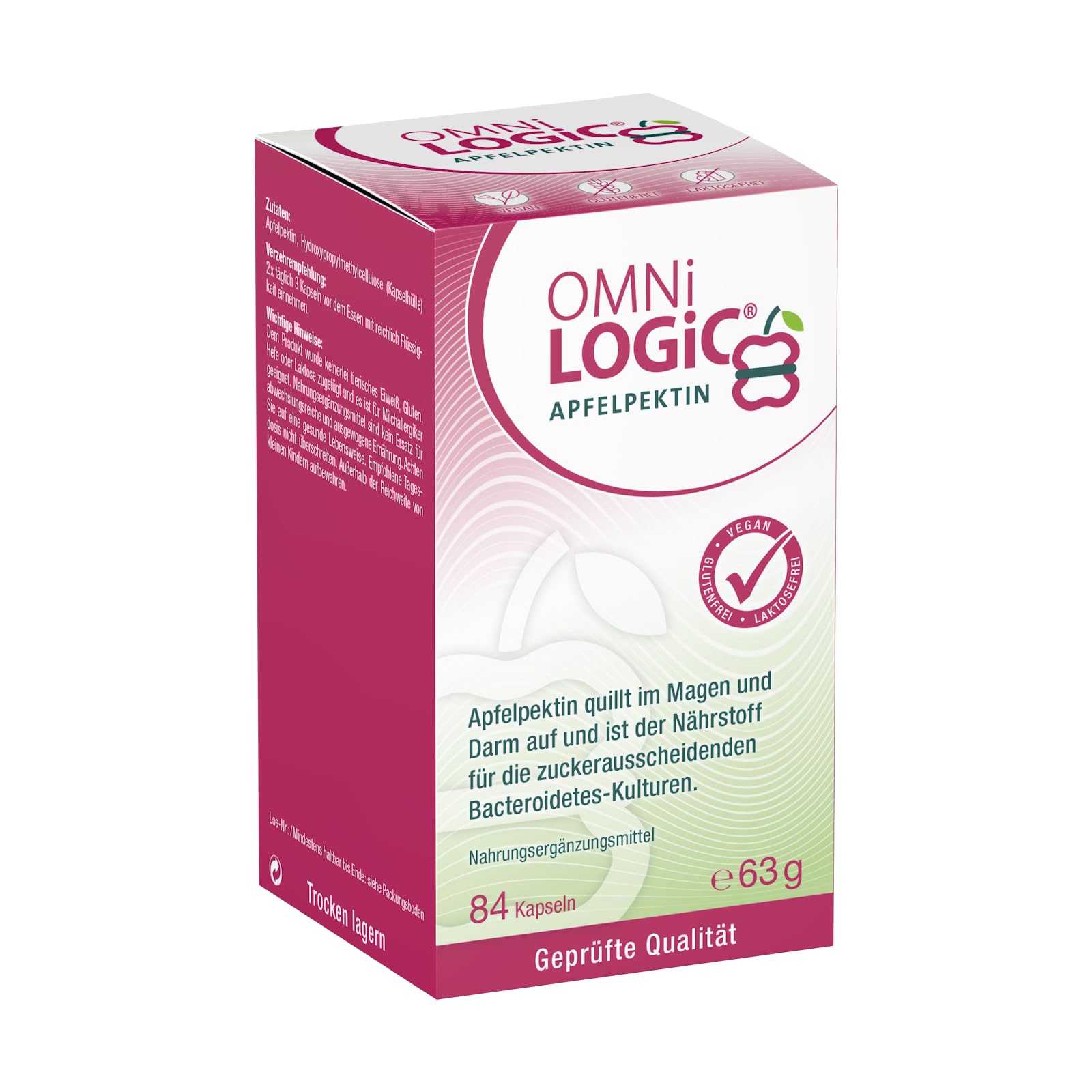 OMNi LOGiC Apfelpektin | Hochwertige Ballaststoff-Kapseln aus Apfel | 3,9 g pro Tagesportion | Ohne Zusatzstoffe | Vegan | 84 Kapseln