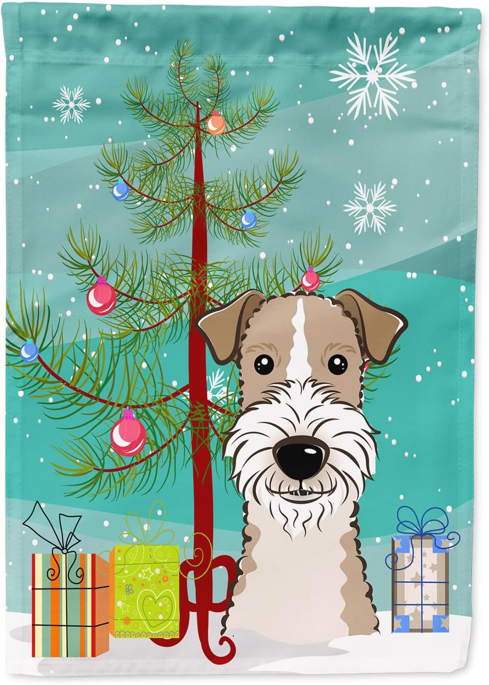 Caroline's Treasures BB1619CHF Christmas Tree and Wire Haired Fox Terrier House Flag Large Porch Sleeve Pole Decorative Outside Yard Banner Artwork Wall Hanging, Polyester, House Size, Multicolor