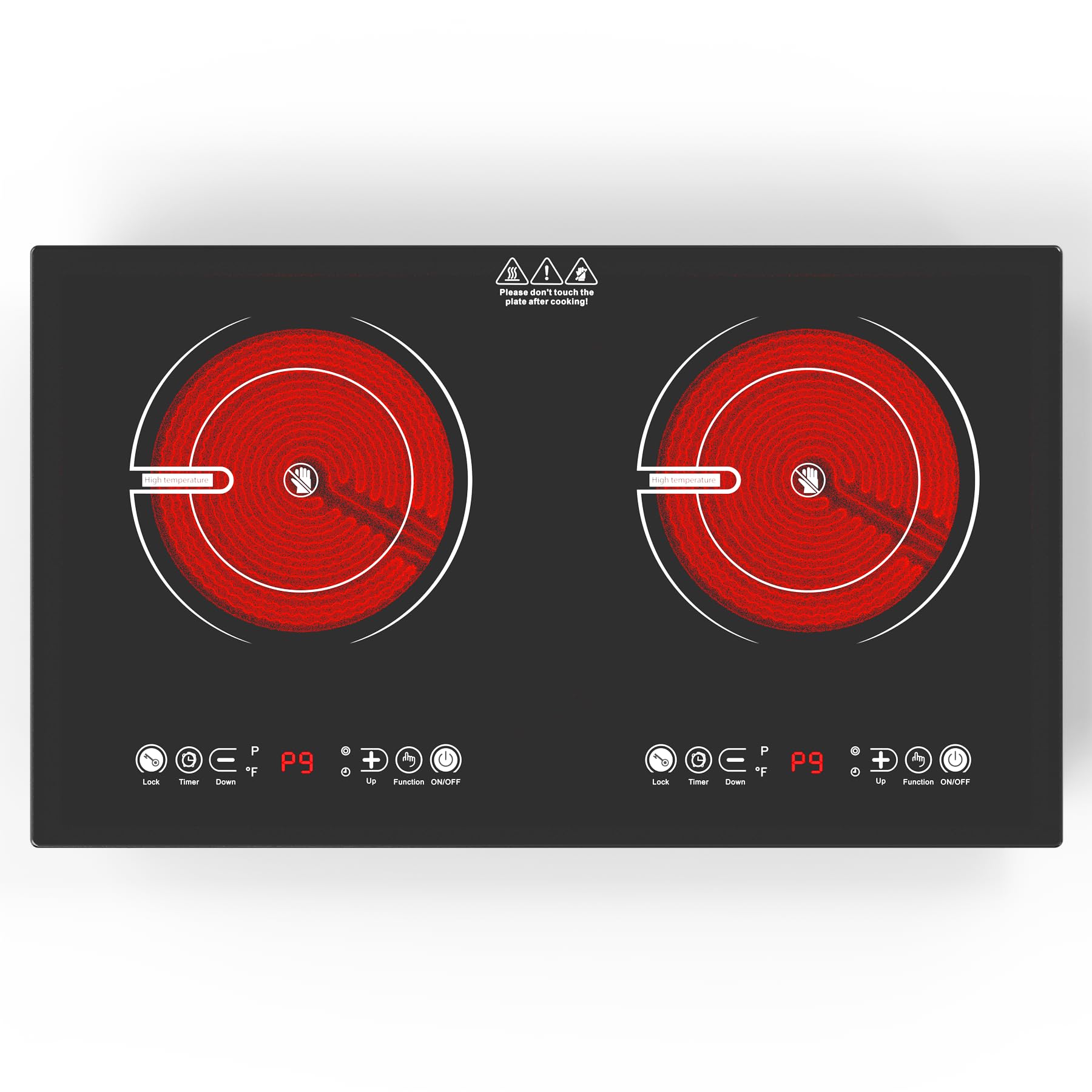 Cocina eléctrica de 2 quemadores, estufa eléctrica de 110 V 2400 W con control táctil, 9 niveles de calefacción, temporizador y seguridad para niños