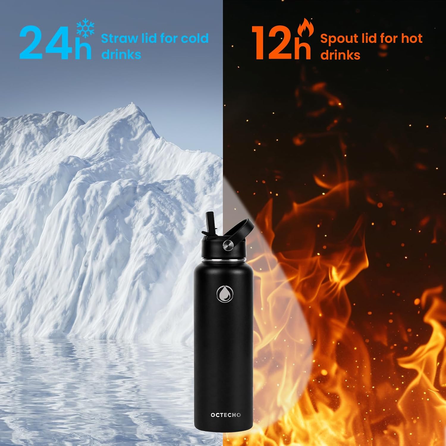 Metal Water Bottle with Straw, 1200ml Stainless Steel Water Bottle 2 Leakproof Lids, BPA Free Double Walled Vacuum Insulated Water Bottles Thermal for 12h Hot & 24h Cold,for Man,Woman-Black
