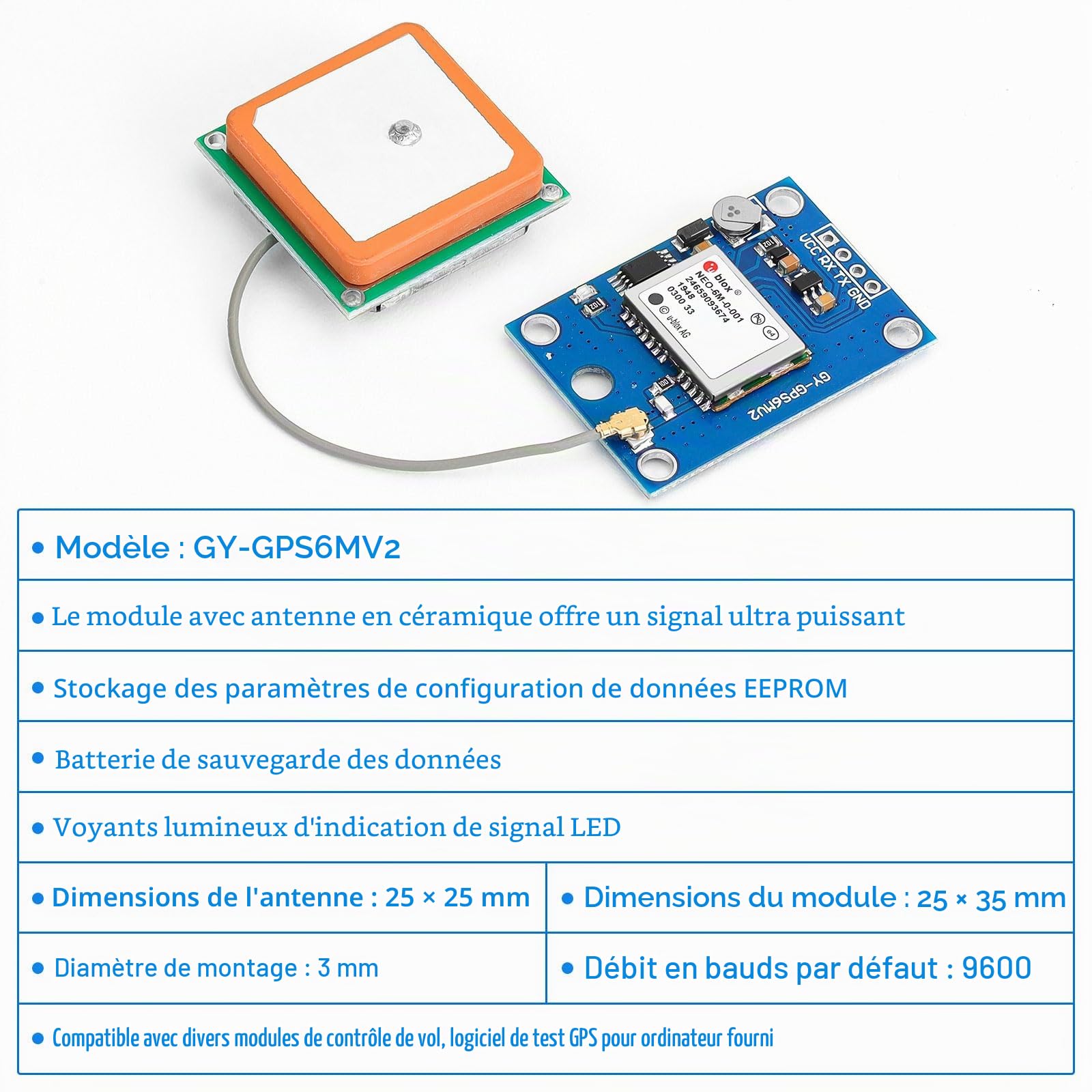 Lot de 2 cartes de contrôleur GPS GY-NEO6MV2 NEO-6M 3 V-5 V avec antenne en céramique super puissante compatible avec AR duino EEPROM APM 2,5