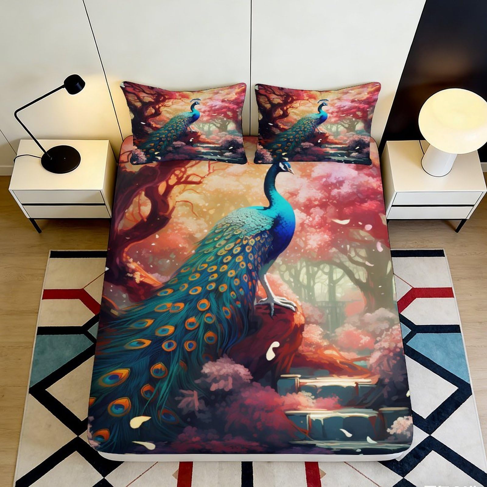 3D Printed Peacock Fitted Sheet Microfiber Soft Breathable Forest Pattern Bed Cover for Bedroom Dormitory Guest Room Mattress Protection Decor 140x200x25cm