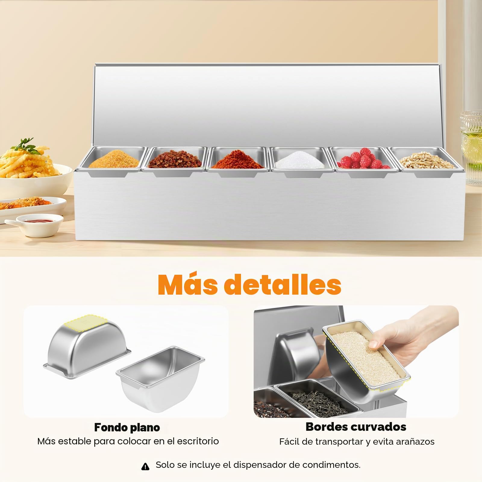 Contenedor para ingredientes de acero inoxidable, 6 compartimentos, con tapa, hermético, apilable, apto para lavavajillas, para gastro y cocina, buffet, ensalada, 46 x 15 x 9 cm