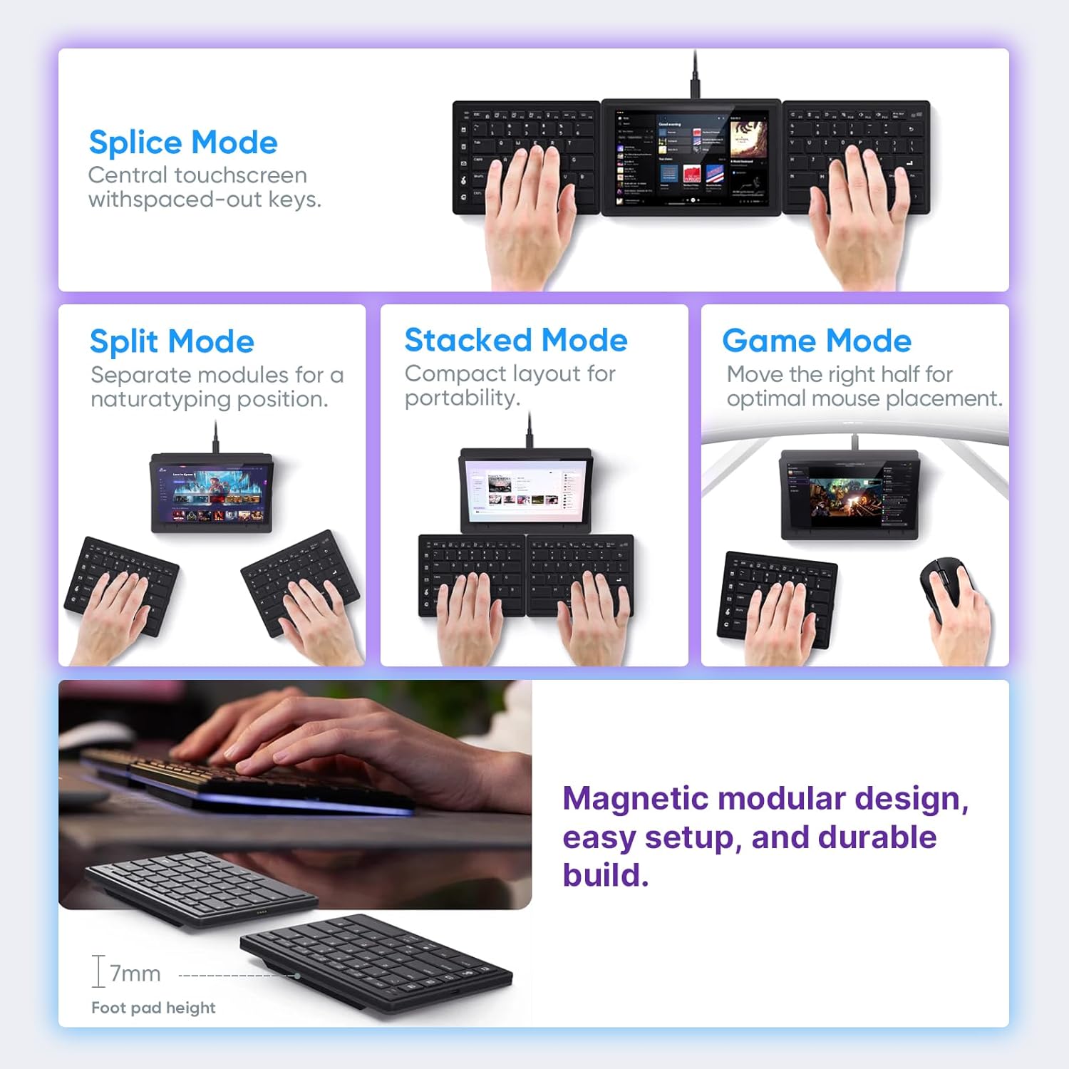 MP Mobile Pixels Tetra Keyboard with 8" Touchscreen, Customizable Hotkeys Wireless Ergonomic Keyboards, 3 Modular Layouts, Bluetooth Connectivity, USB-C Charging, Portable Keyboard for Windows/Mac