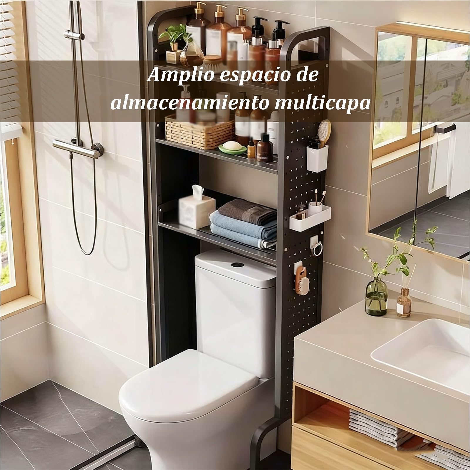 Scaffale regolabile a 3 ripiani, multiuso, per bagno, balcone, lavanderia, soggiorno, versatile espositore nero