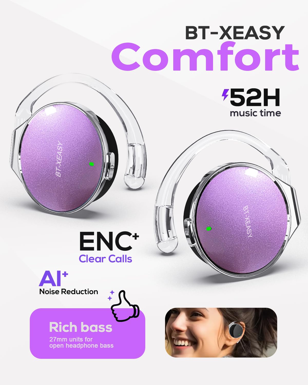 Micool Sport On-Ear Kopfhörer Bluetooth 5.4, Offene Ohrhörer mit Geräuschunterdrückung, Wasserdicht für Fitness & Laufen, 4 Mikrofone, Lange Akkulaufzeit für Outdoor-Aktivitäten (Fliederlila)