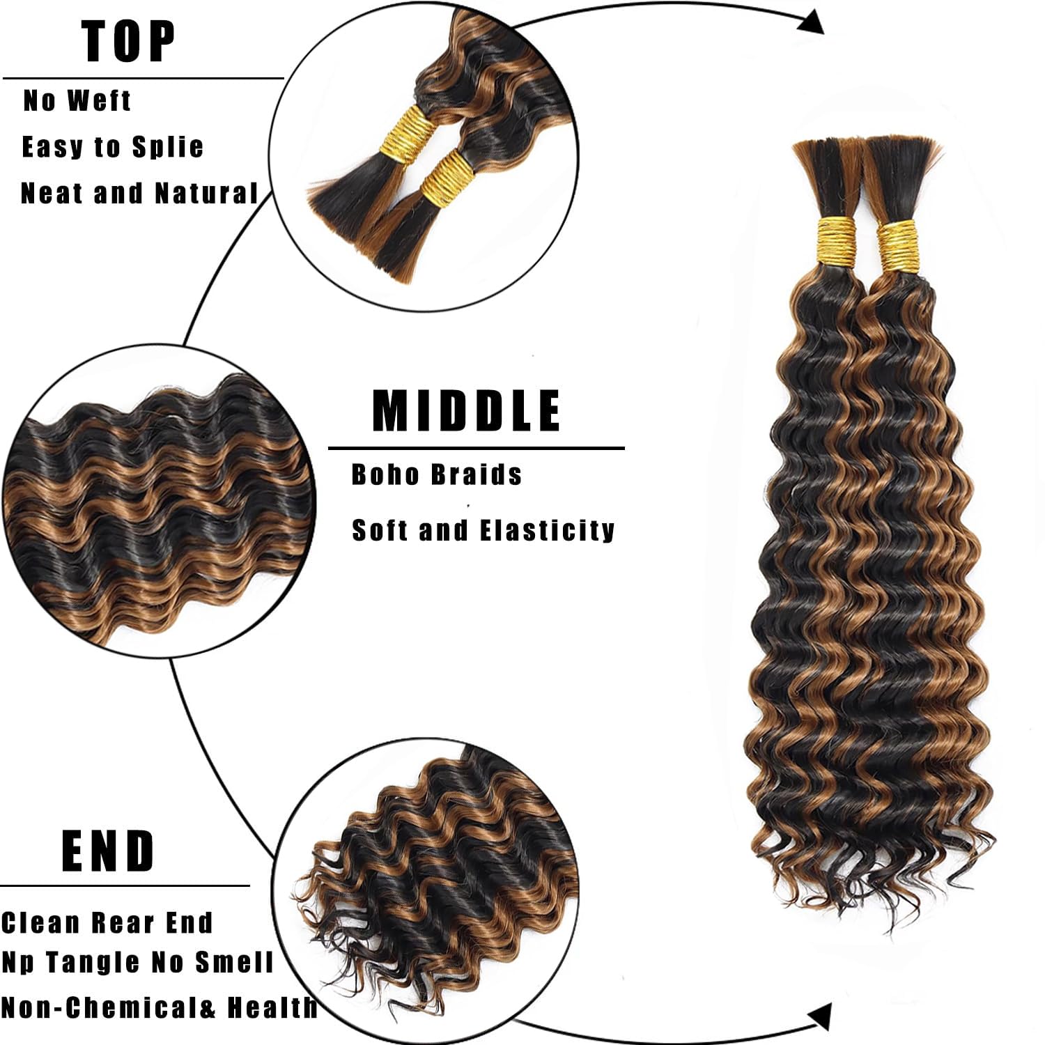 Evaxilc Deep Wave Bulk hair For Braiding 2 Bundles/Pack p4/30 Highlight Brown Color Brazilian Virgin No Weft No Smell For Braiding Wavy Human Hair Extensions 30 Inch - Image 4