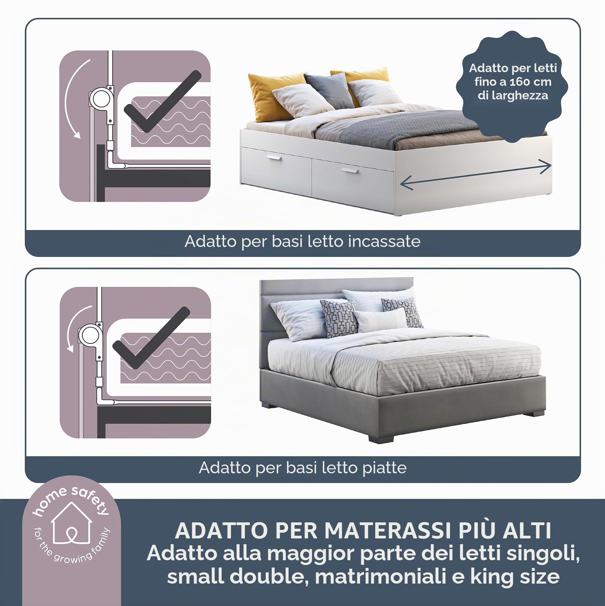 Dreambaby Nicole - Parapetto per letto per bambini, extra largo, 150 cm e 50 cm di altezza, facile da montare, lavabile, transizione sicura da culla a letto, per letti king size, grigio