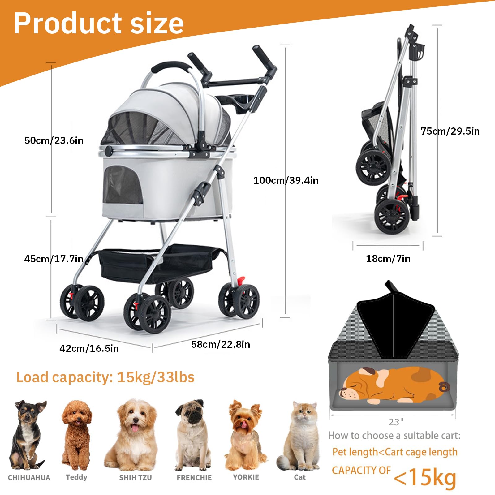 Carrito De Transporte 3 En 1 para Gatos, hasta 15 Kg, Carrito Portátil para Mascotas, Carrito para Perros con Ventana De Red Y Soporte para Bebidas para Gatos Pequeños Y Medianos