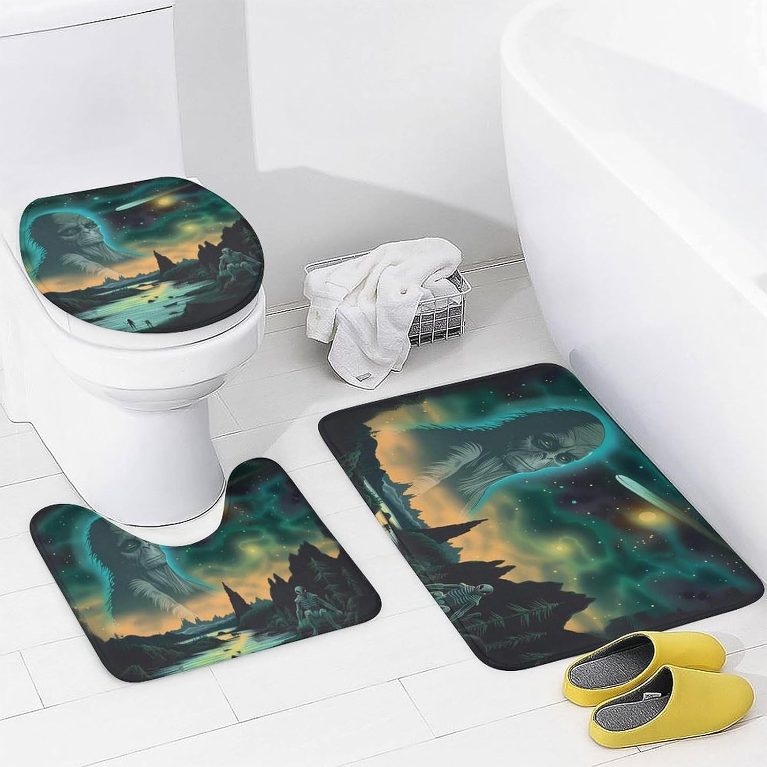 Aliens Bathroom Sets with Shower Curtain and Rugs 4 Piece with U-Shaped Floor Mat Toilet Lid Cover