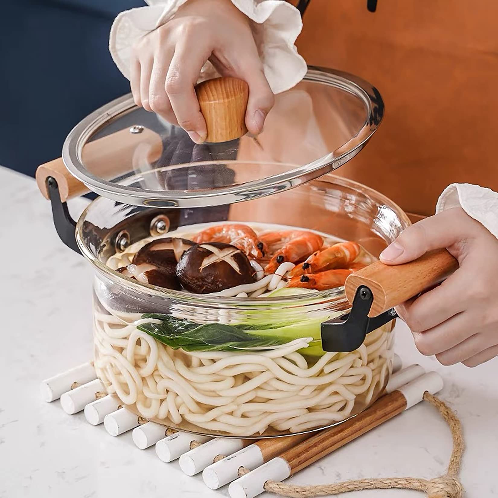 Pentole di Vetro Riscaldabile per Cucinare con Manico in Legno, Pentola in Vetro Trasparente per Ristorante di Cucina Domestica,3.5l
