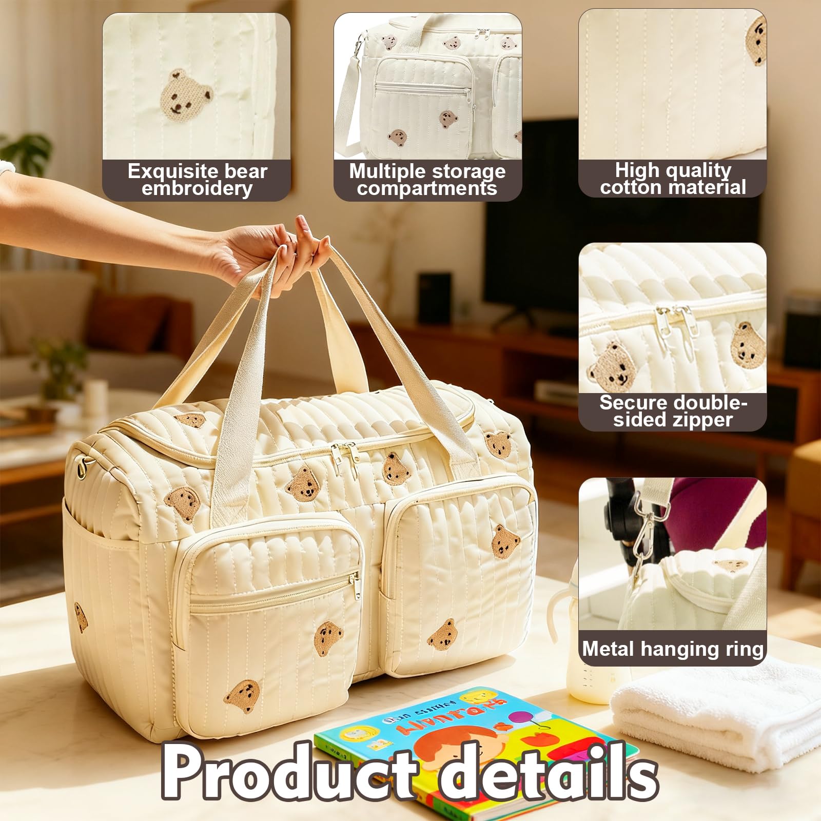 Borsa tote per pannolini in cotone, 48 cm, grande capacità, molteplici opzioni di archiviazione, ricamo, borsa morbida per mamma maternità, borsa da viaggio leggera con tracolla