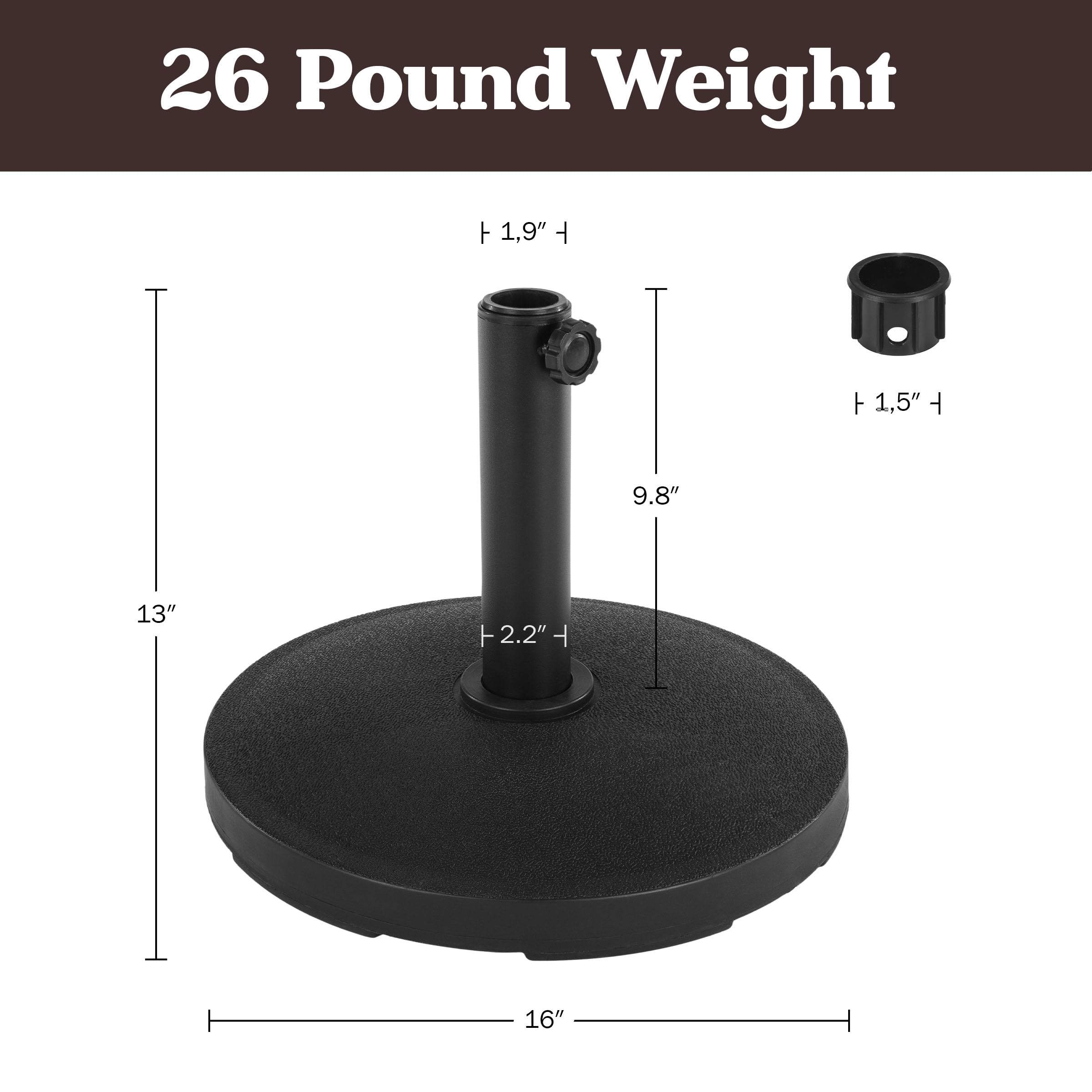 26 lbs patio umbrella base dth11-b-bk Pure Garden Stand - 26lb Weighted Polyethylene and Cement - 9.8” Stem Fits 1.5-1.9” Diameter Poles Filling it is a Color:Smoky Desert Print/Magma Brown FUNDAZE 10ft Heavy Duty zero_out_no_hide