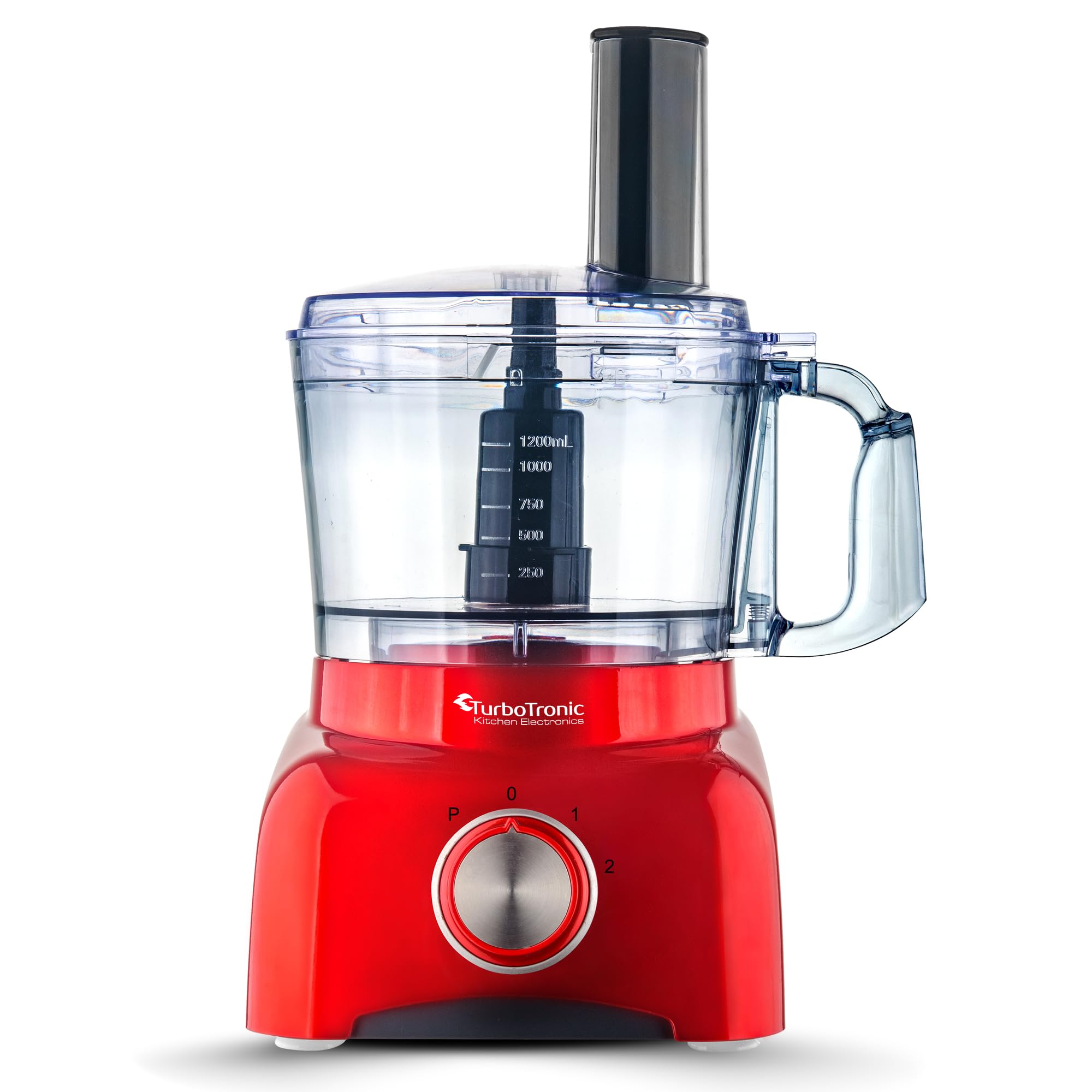 TurboTronic Food Processor 1,2L schwarz, rot, Küchenmaschine mit Mixaufsatz, Raspelscheiben, Zitruspressenaufsatz