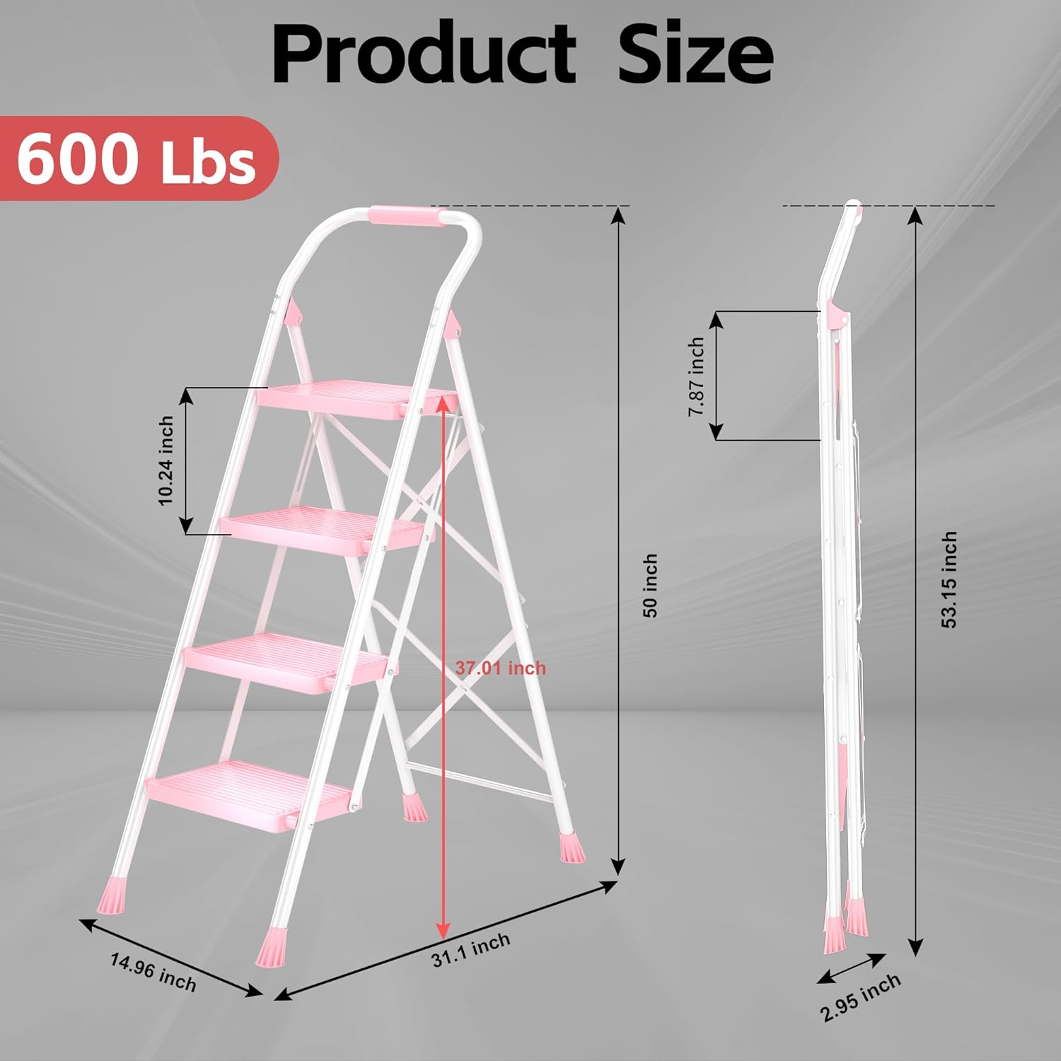 step ladder foldable folding stool - for home adults kitchen 4 stepping extension tall heavy duty with handrails - closet stepstool stair ladders extendable stepladder for indoor house 600lbs white pink 4 step