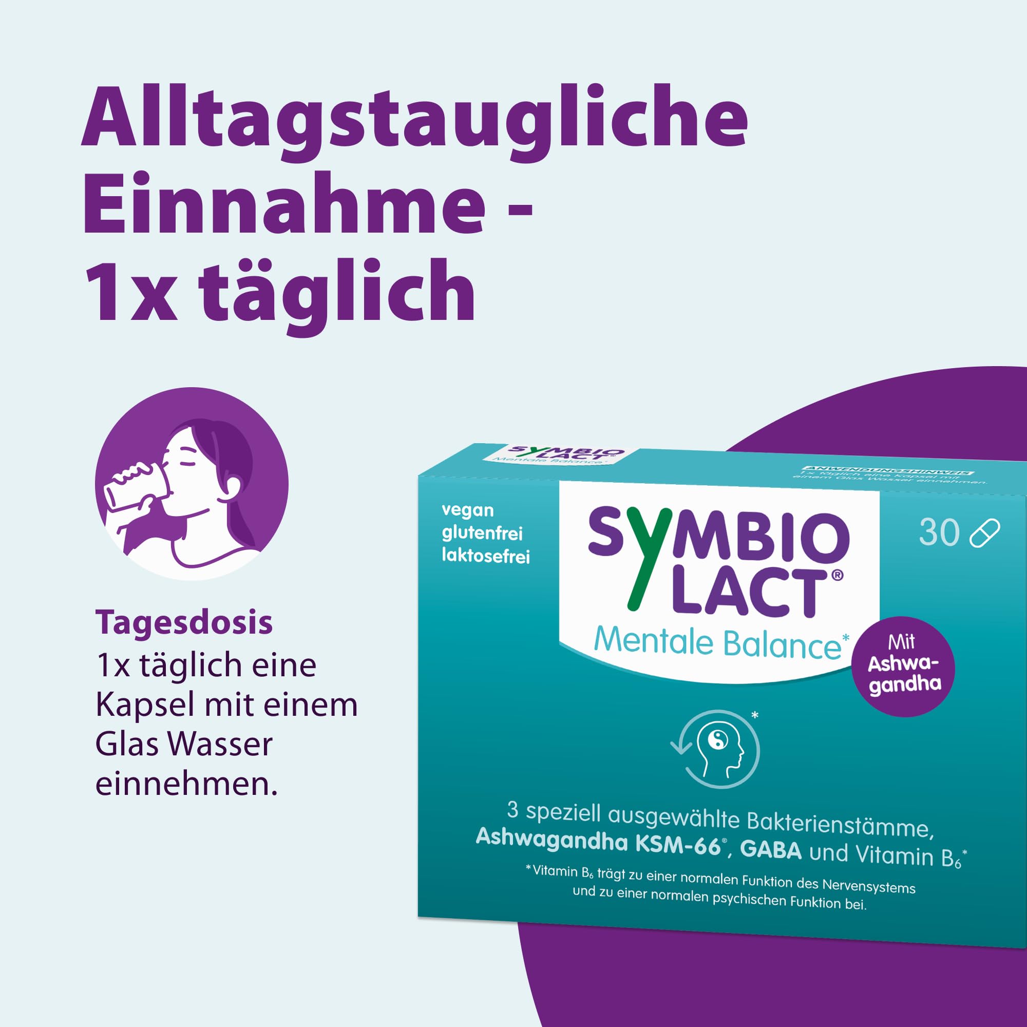 SymbioLact Mentale Balance für das Nervensystem, 30 Kapseln | Mit Milchsäurebakterien, Ashwagandha und Vitamin B6, glutenfrei, laktosefrei, vegan