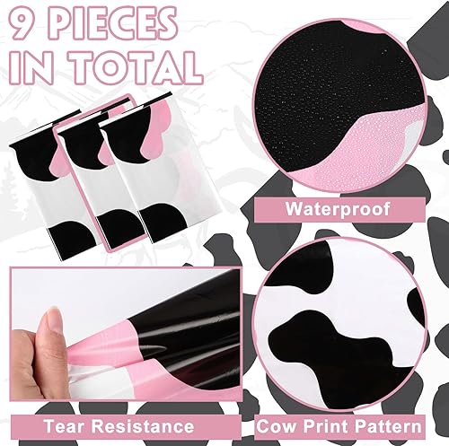 Miniatura 8 de Oudain Mantel redondo de plástico con estampado de vaca rosa, 3 piezas, 84 pulgadas, mantel desechable con estampado de vaca blanca y negra para