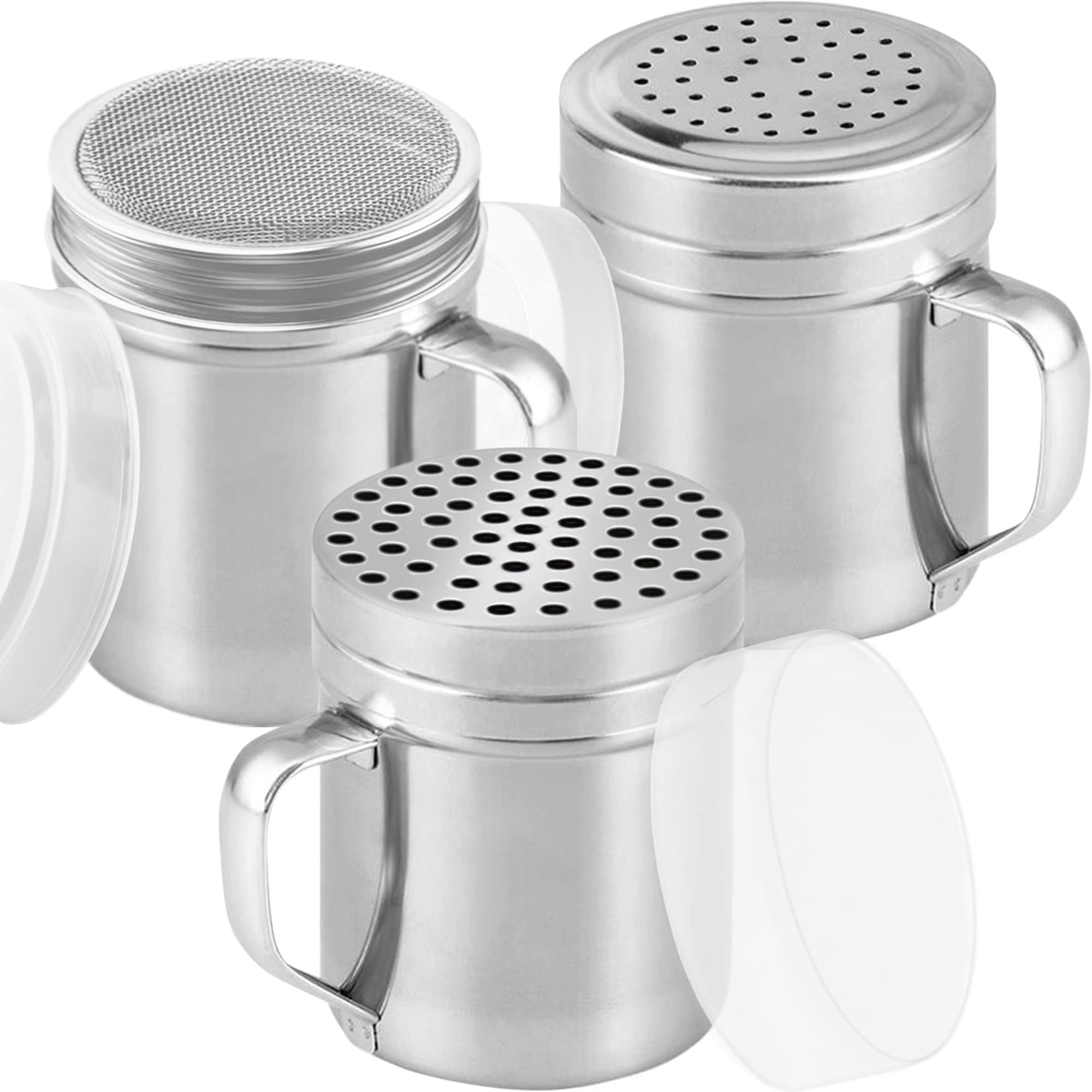 [Set of 3] 10oz Stainless Steel Dredges With Handle - Fine Mesh + Medium Holes + Large Holes (For Coarse Seasonings)