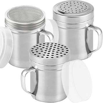 CUSINIUM [Set of 3] 10oz Stainless Steel Dredges With Handle - Fine Mesh + Medium Holes + Large Holes For Coarse Seasonings