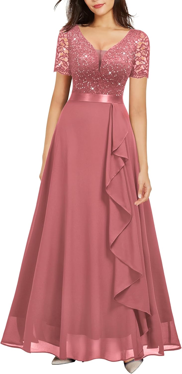 Miusol Women's Classy V-Neck Ruffle Floral Lace Hem Trim Sequined Maxi Bridesmaid Dress