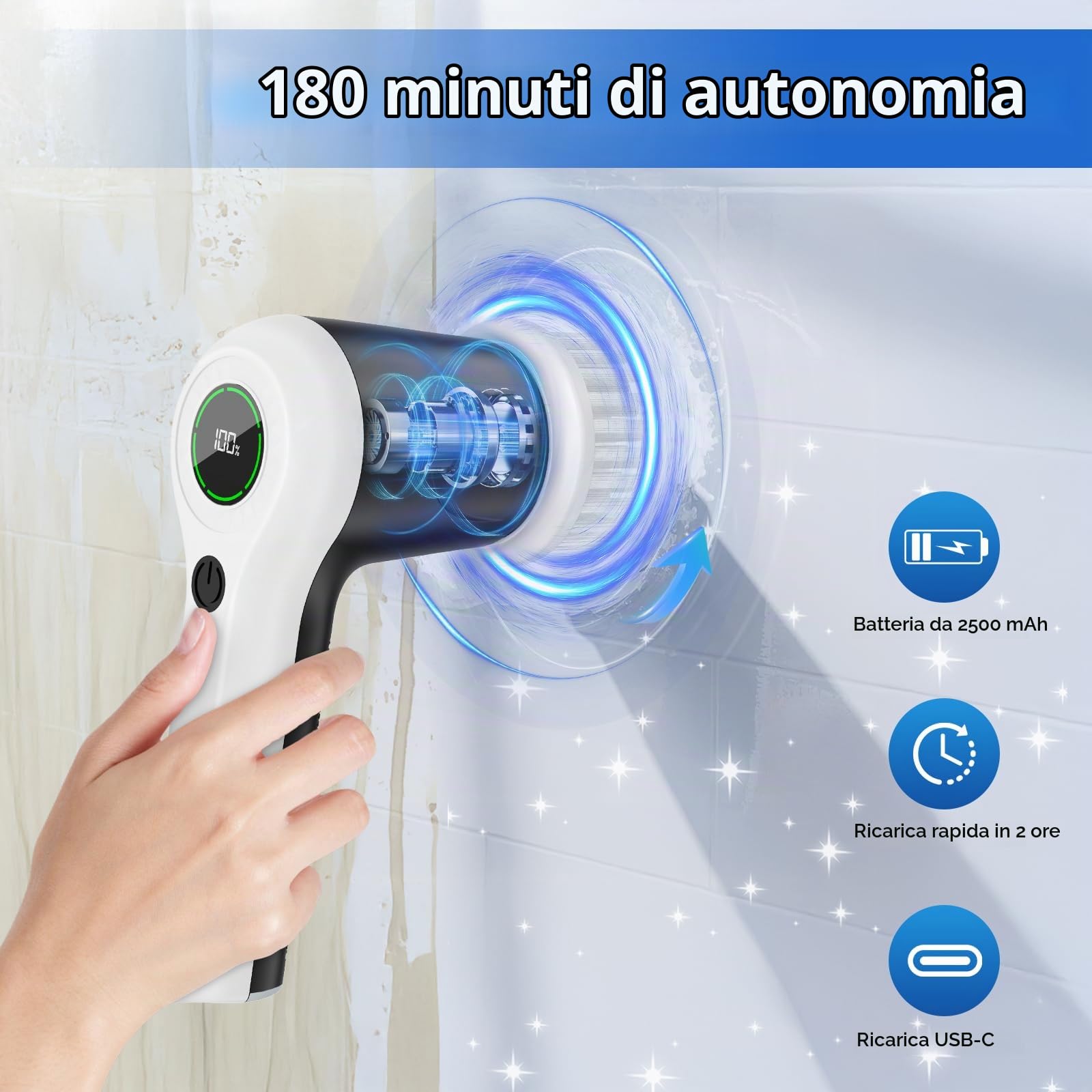 Detergente elettrico, pulitore rotativo con indicatore di livello della batteria, lavatrice elettrica a 2 velocità, pulizia con 6 testine sostituibili, spazzola elettrica per pulizia
