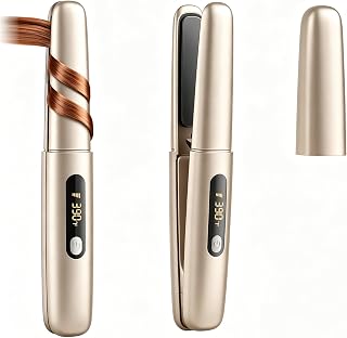 Cordless Hair Straightener Curler 2 in 1 Ceramic Flat Iron Mini Portable Fast Heating 30s 4500mAh Battery 4 Temp Adjustments LCD Display USB Rechargeable for Women Men with Pouch (Champagne Gold)