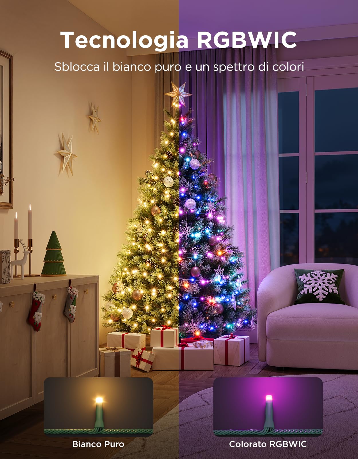 Govee Christmas Sparkle String Lights, Luci RGBWIC da 20M con 250 LEDs | Decorazioni Natalizie per Interni, Oltre 140 Modalità di Scena, Controllo APP Intelligente con Alexa