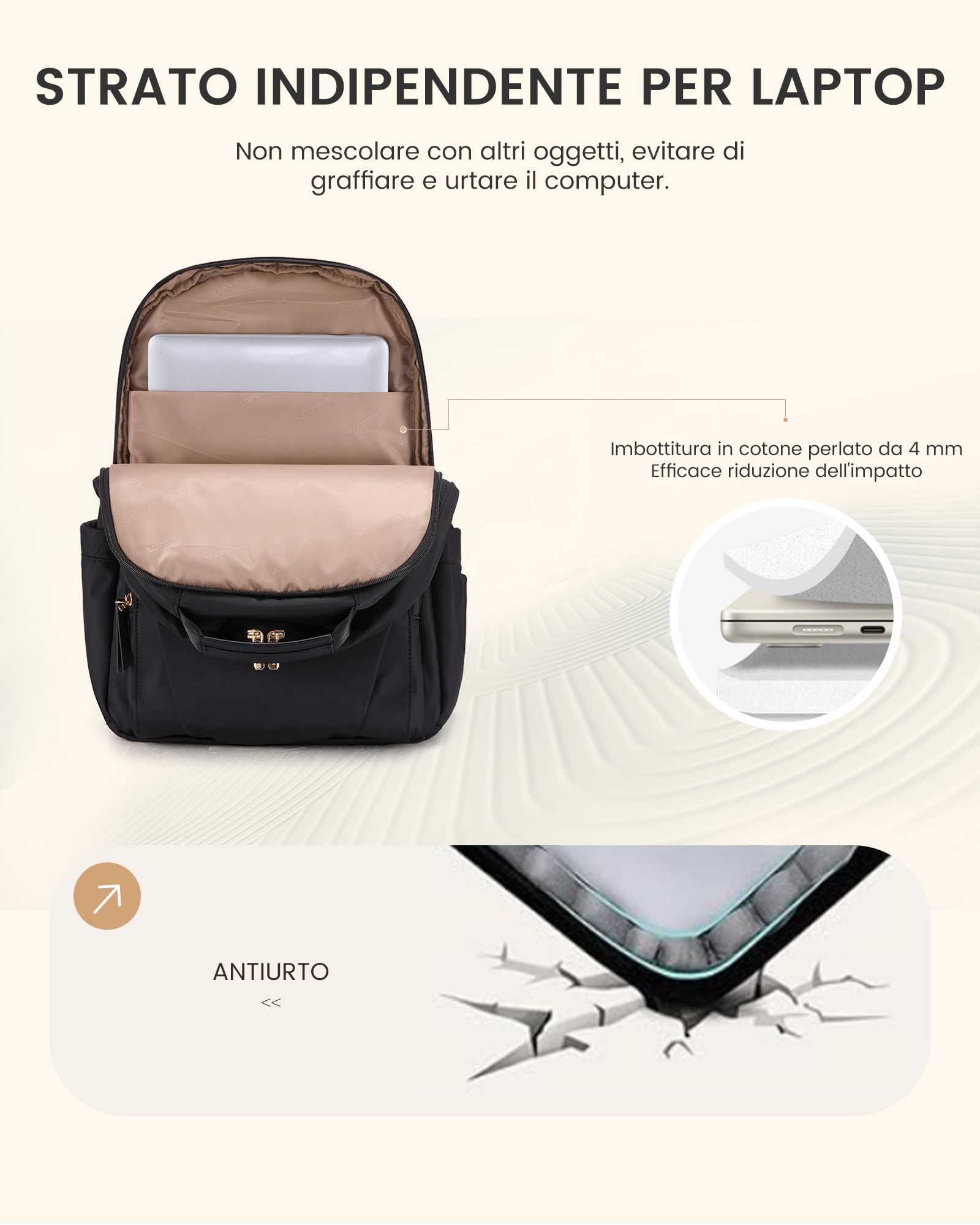 LOVEVOOK Zaino Donna, Impermeabile Zani porta PC 17 Pollici Zainetto da Lavoro, Elegante Zaino Computer Laptop Backpack da Università Viaggio Ufficio Scuola, Nero