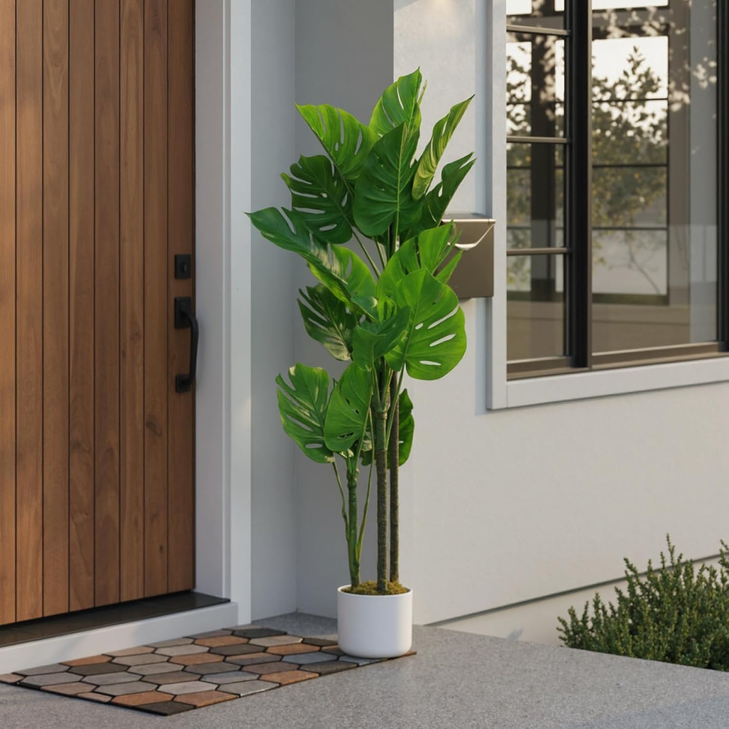 3.6FT Artificial Monstera Deliciosa Plant in White Tall Planter, 43"H Fake Decorative Evergreen Potted Swiss Cheese Floor Tree, Indoor Faux Tropical Plants for Living Room Porch Entryway Office Decor