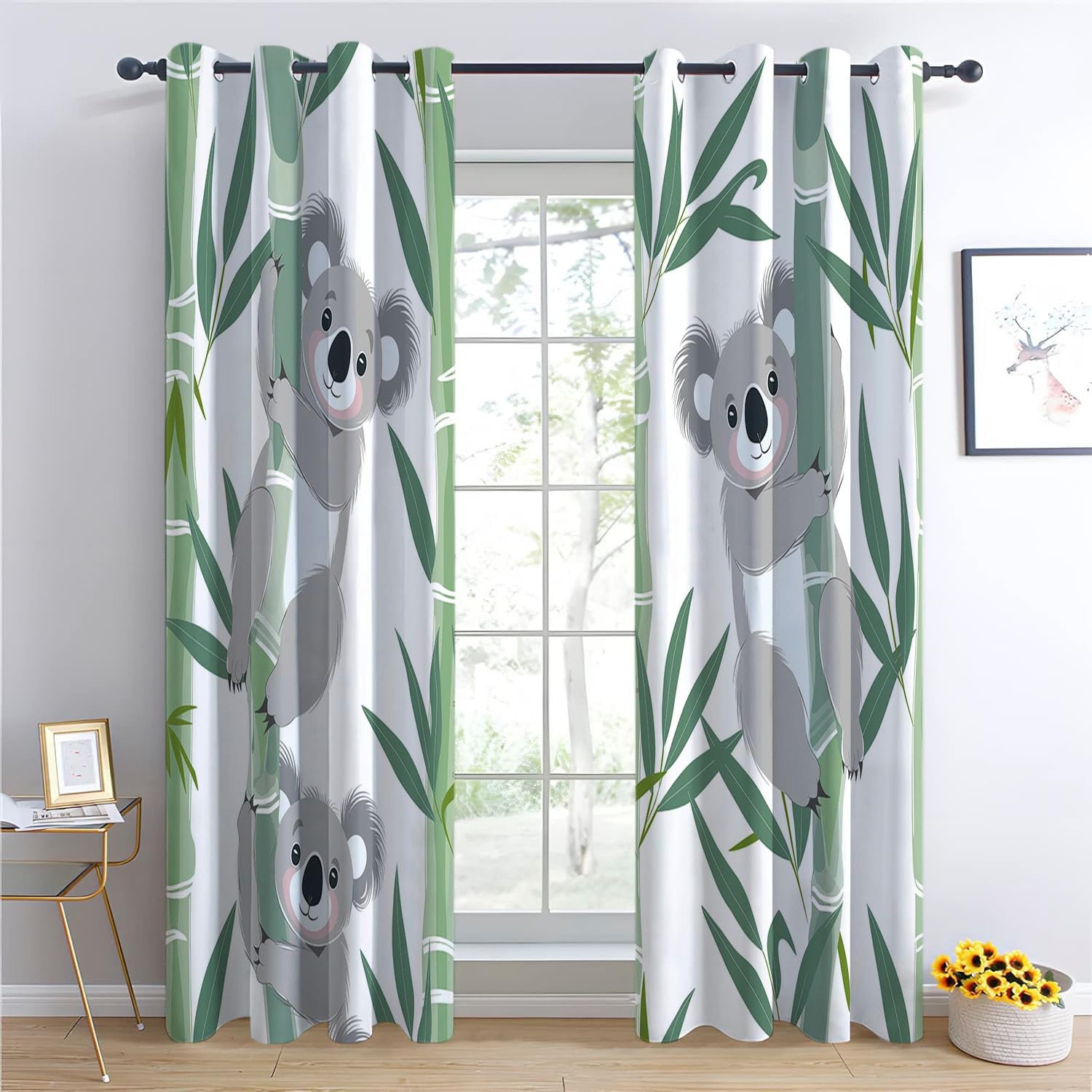 Cartoon-Tier-Koala-Bambus Verdunklungsvorhänge Kinderzimmer Junge Mädchen, Polyester Blickdichte Vorhänge H 160 x B 132 cm 2er Set Gardinen mit Ösen Wohnzimmer Fensterdekoration