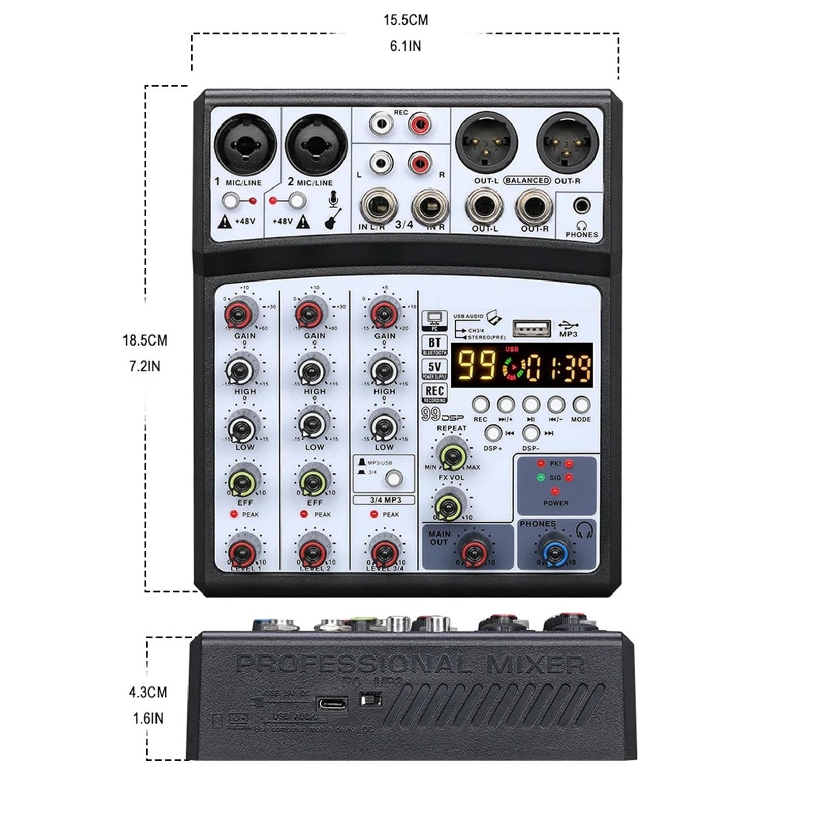 Kontroler DJ-ski, Profesjonalny 4-kanałowy Mikser 99DSP, Konsola Miksująca Do Nagrywania BT Z Interfejsem USB, Karta Dźwiękowa 48 V, PC, Nagrywanie MP3 DJ