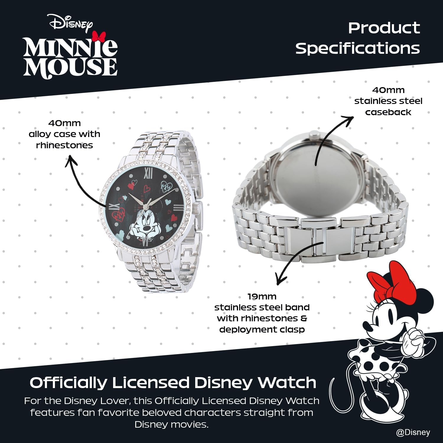 Disney Minnie Mouse Glitz Watch for Women – Stylish Minnie Mouse Watches for Women, Elegant Watch, Perfect Inspired Timepiece - Stainless Steel Strap, Silver Case, Black Dial