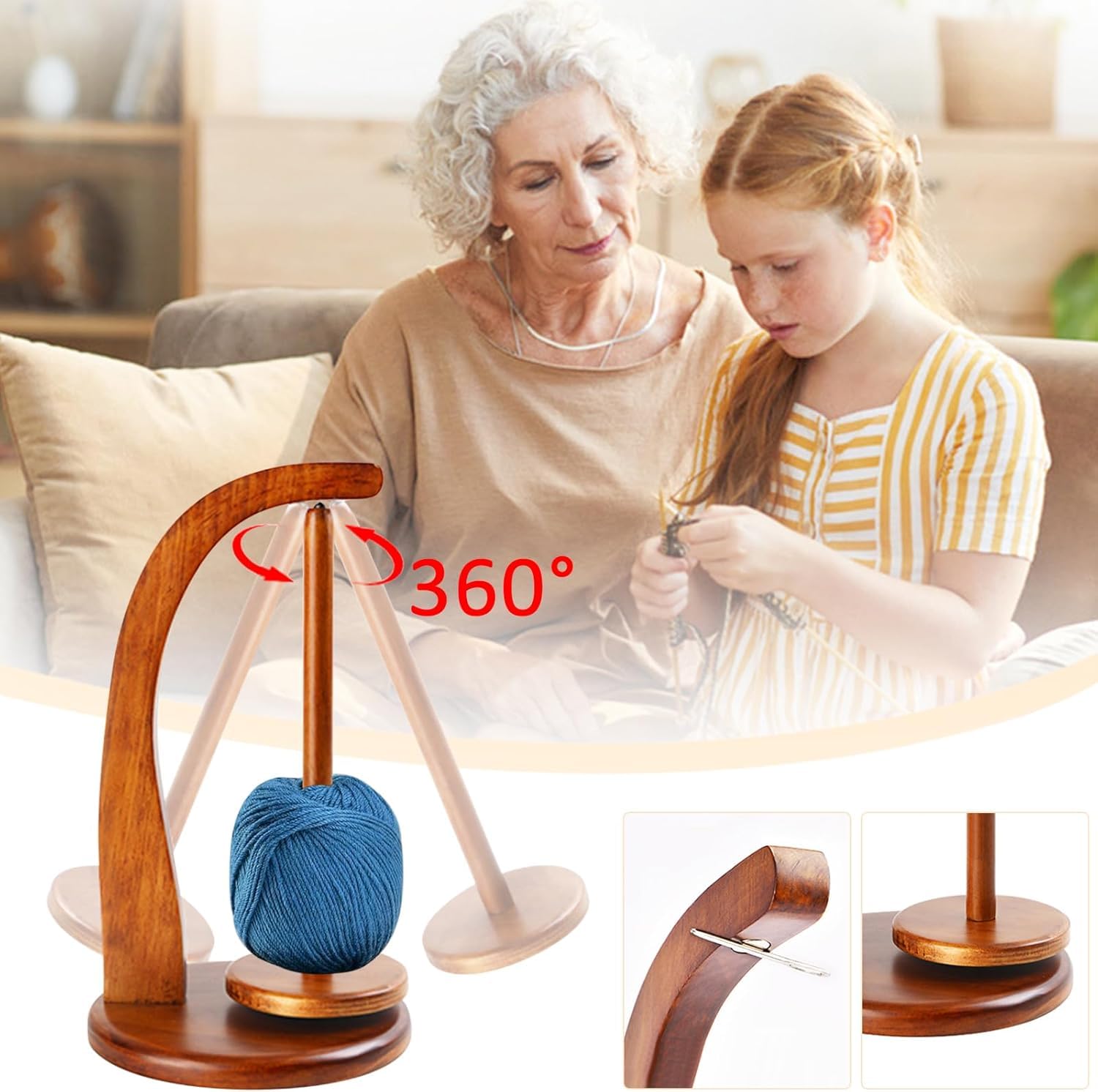Dérouleur De Laine Magnétique Double Broche En Bois - Support Tricot Crochet - Rotation 360°