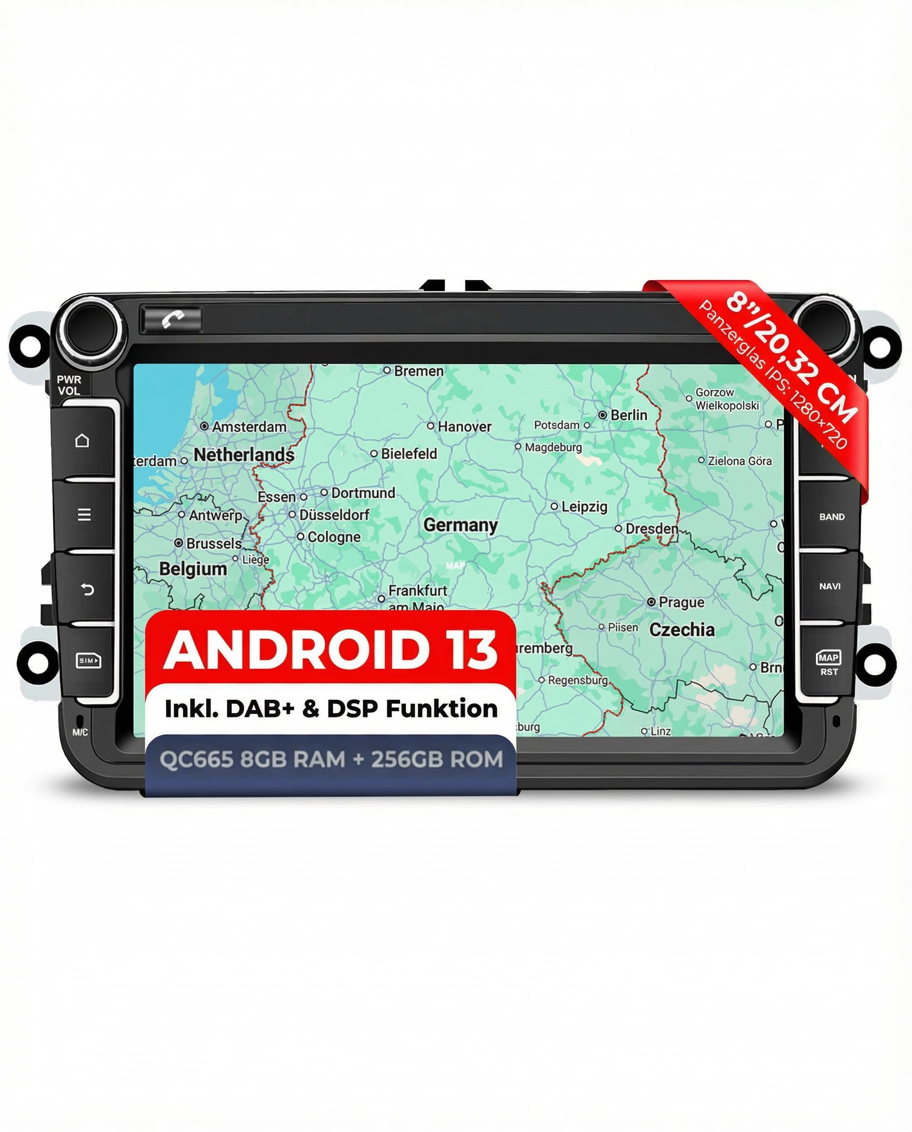M.I.C. AV8V7-Ultra Android 13 Autoradio mit Navigation: Snapdragon 665, 8GB+256GB, 8 Zoll, DSP, SIM, Wireless Apple CarPlay & Android Auto, DAB+, CANBUS, GPS – für VW/ŠKODA/SEAT (RNS/RCD Ersatz) - 1